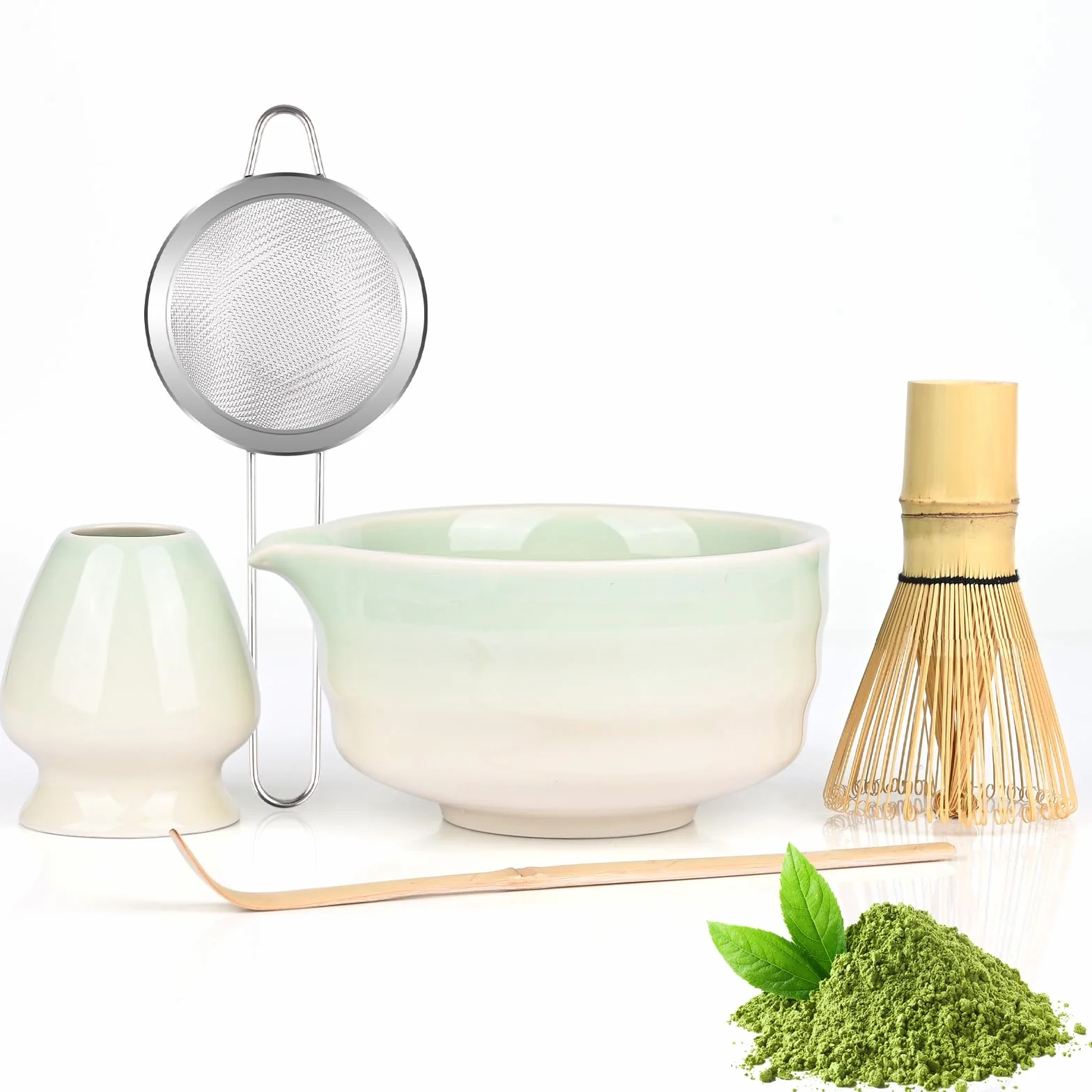 5 Set Matcha,Matcha Cerimoniale,Matcha set da tè matcha,con Frusta Matcha in bambù cucchiaio ciotola e supporto,regalo per gli amanti del matcha Verde a Gradiente