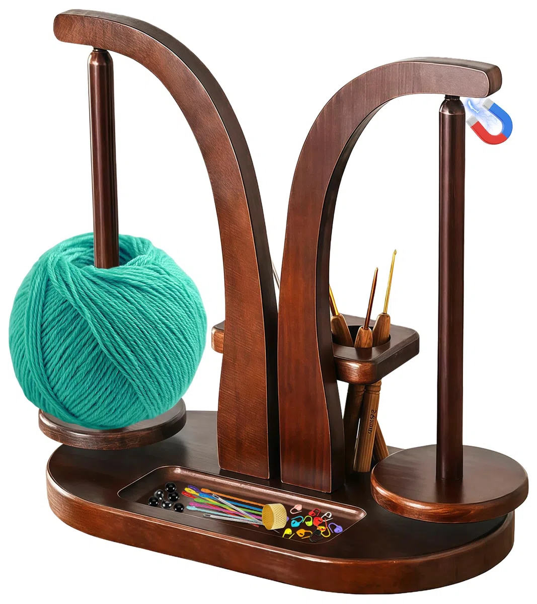 Porta Gomitolo Uncinetto in Legno, Doppia Asta Svolgitore di Lana Magnetico Rotante a 360°, Organizer per Accessori con Porta Cellulare, Idea Regalo per Appassionati di Maglia