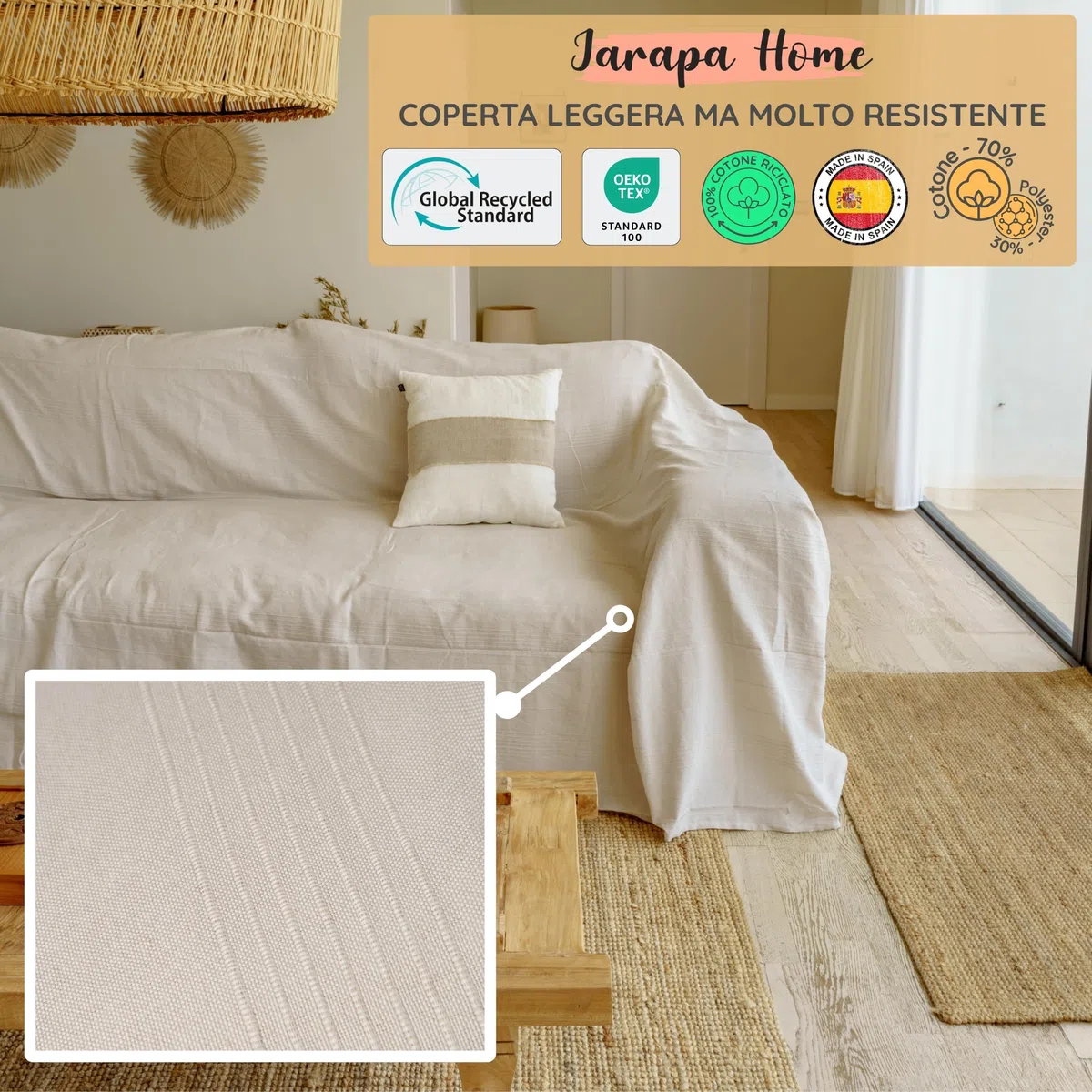 Jarapa Home Made with love Copriletto estivo e copriletto multiuso per divani, copriletti bianchi. Plaid multiuso, copridivano, tessuto resistente e di qualità, prodotto in Spagna (Beige, 230x280 cm)