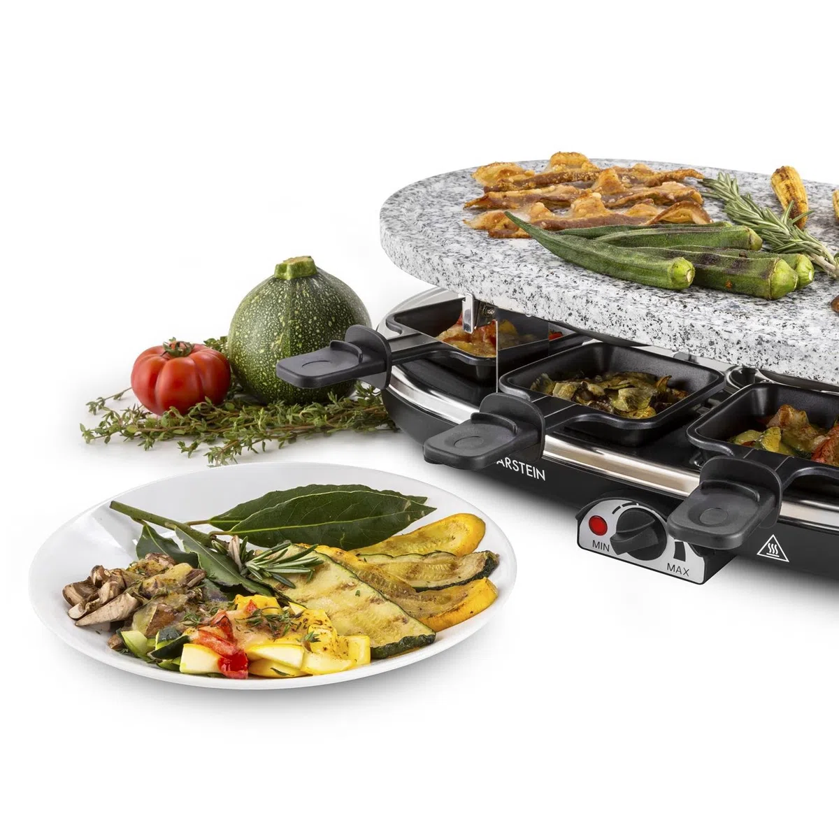 Klarstein Griglia per Raclette con Vassoio in Acciaio Inox, Piastra Raclette Formaggio Rotabile e Regolabile 15W, Piastra Elettrica per Grigliare Carne e Formaggio, Piastra Grill per Interni