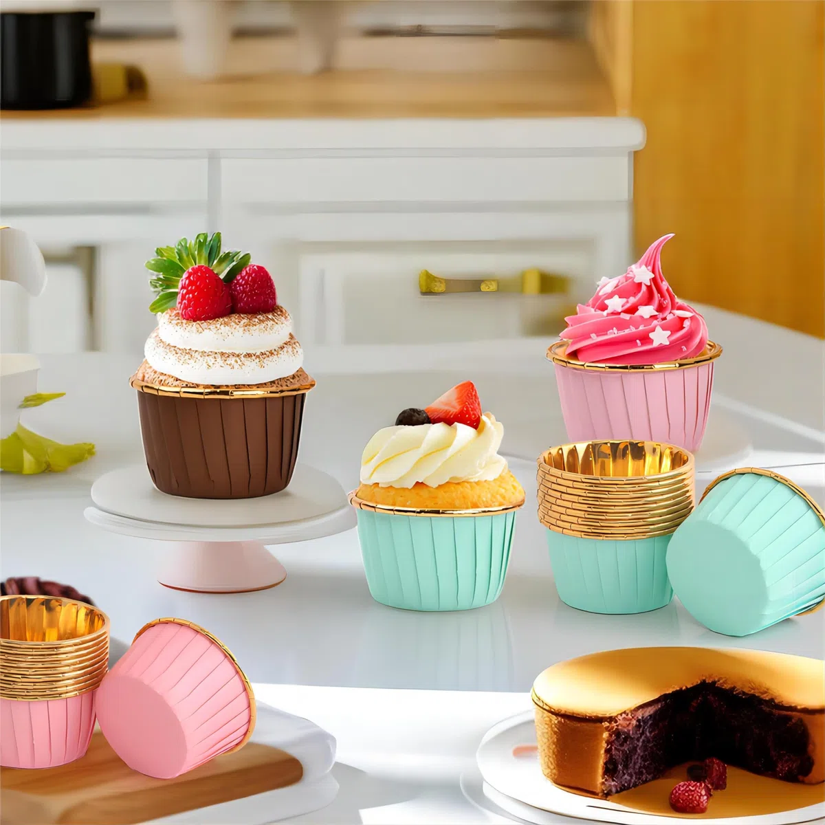 150 Pcs Pirottini da Forno USA e Getta(in 3 Colori Misti), Stampi di Carta da Forno per Muffin, Tazze di Cottura in Carta Monouso, Pirottino Cupcake con Fodere in Lamina per Compleanni/Feste/Natale
