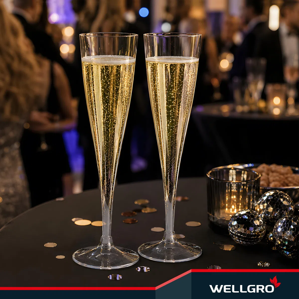 WELLGRO Set di bicchieri da spumante in plastica, 100 ml, con tacchetta, senza BPA, riutilizzabili, per champagne, prosecco, quantità: 30 pezzi