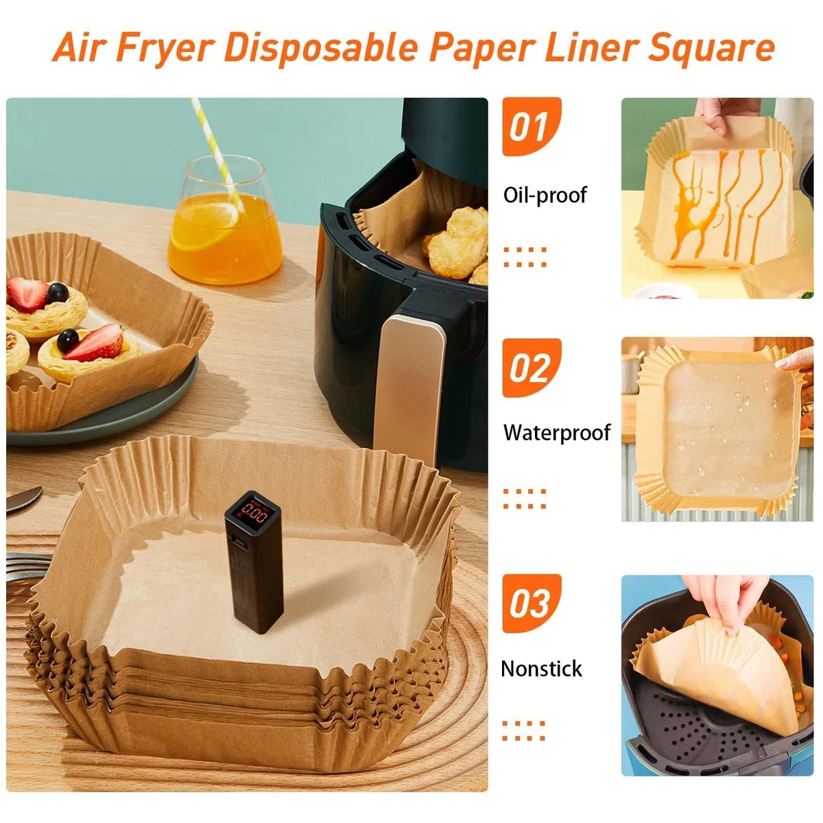 Carta forno per friggitrice ad aria 400 unità da 20-24 cm Quadrata. Adatto al friggitrice ad aria, da 5 a 8 litri. Carta Air Fryer certificata per uso alimentare BPA Free, FDA e LFGB