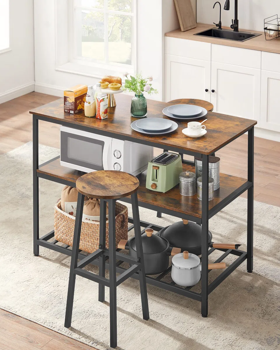 VASAGLE Isola da Cucina con Ampio Piano di Lavoro, Scaffale a 3 Livelli, Struttura in Acciaio, 60 x 120 x 90 cm, Stile Industriale, Facile da Montare, Marrone Vintage e Nero KKI01BX