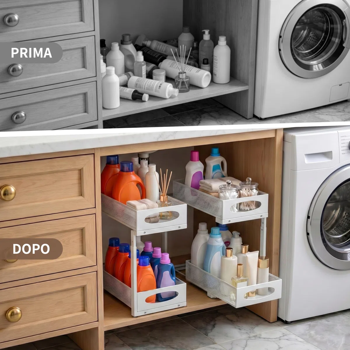Organizer Sottolavello Cucina，Scaffale Estraibile a 2 Livelli, Scorrevole Organizer Sottolavello Portaoggetti Ripiano Multiuso sotto Lavandino per Cucina Bagno，Regolabile in Altezza (bianco-32)