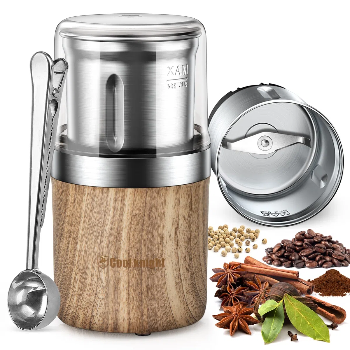 COOL KNIGHT Macina Caffe' Elettrico, Macinacaffè Elettrico Con Cucchiaino Per Caffè E 1 Tazza Di Macinatura In Acciaio Inossidabile. Capacità Di 100g, Adatto Per Spezie, Chicchi Di Caffè, Noci, Ecc.