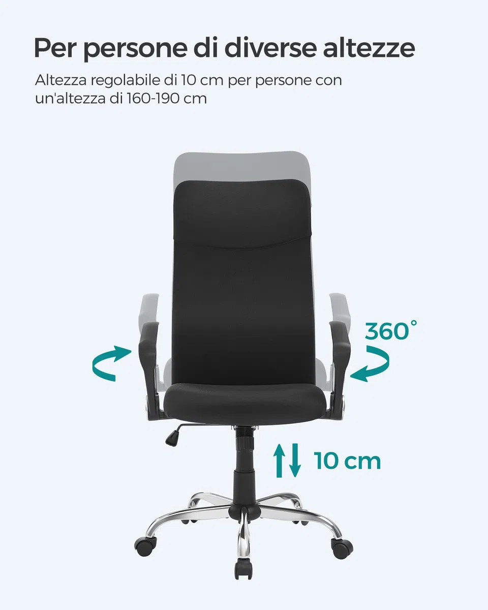 SONGMICS Sedia da Ufficio, Sedia da Scrivania Ergonomica, Girevole, Seduta Imbottito, Regolabile in Altezza e Inclinabile, Portata di 120 kg, Nero OBN034B01