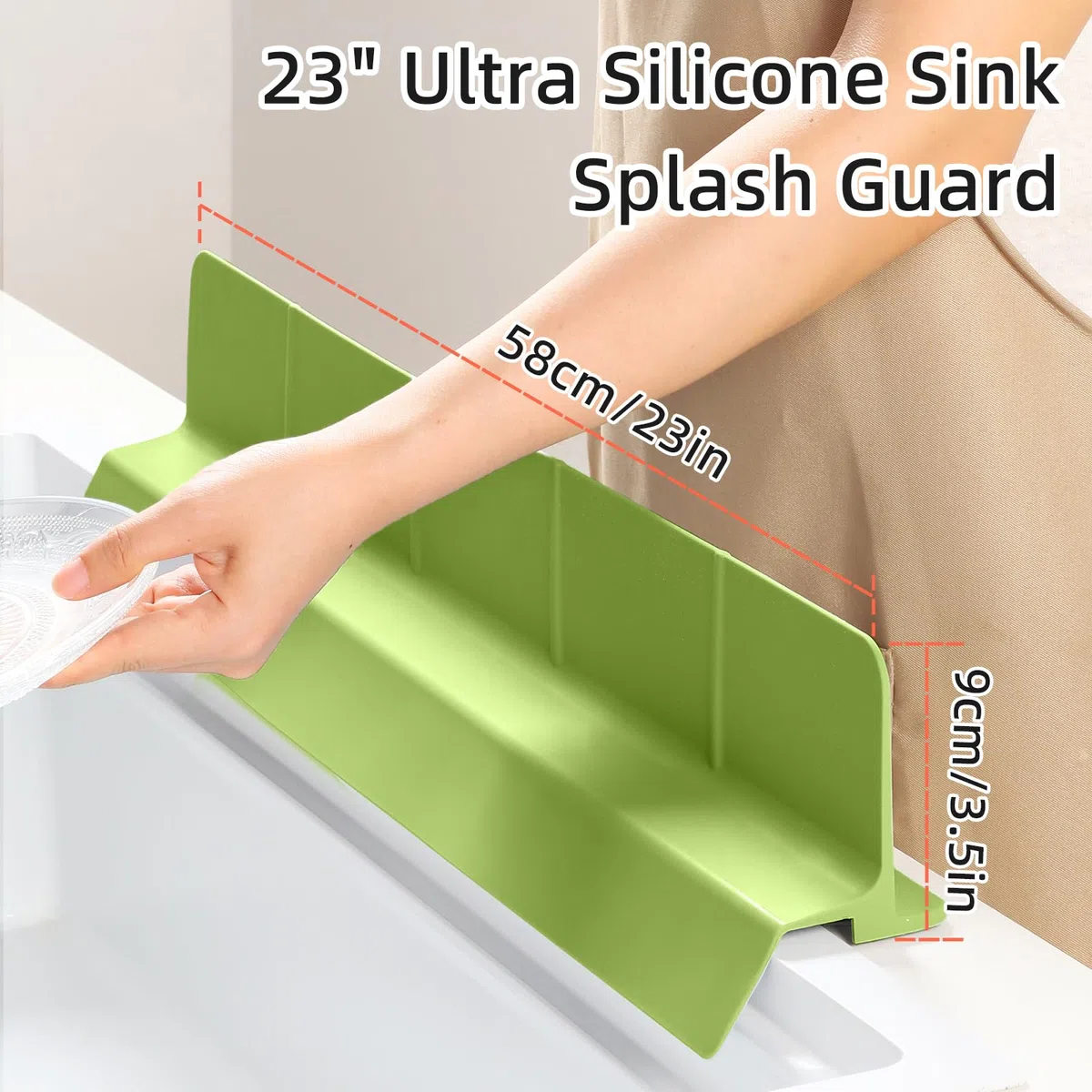 Tappetino antispruzzi in silicone per lavello da cucina, 58 cm, autosvuotante con bordo di protezione alto e 7 forti ventose, per bagno e isola di cucina, verde Matcha