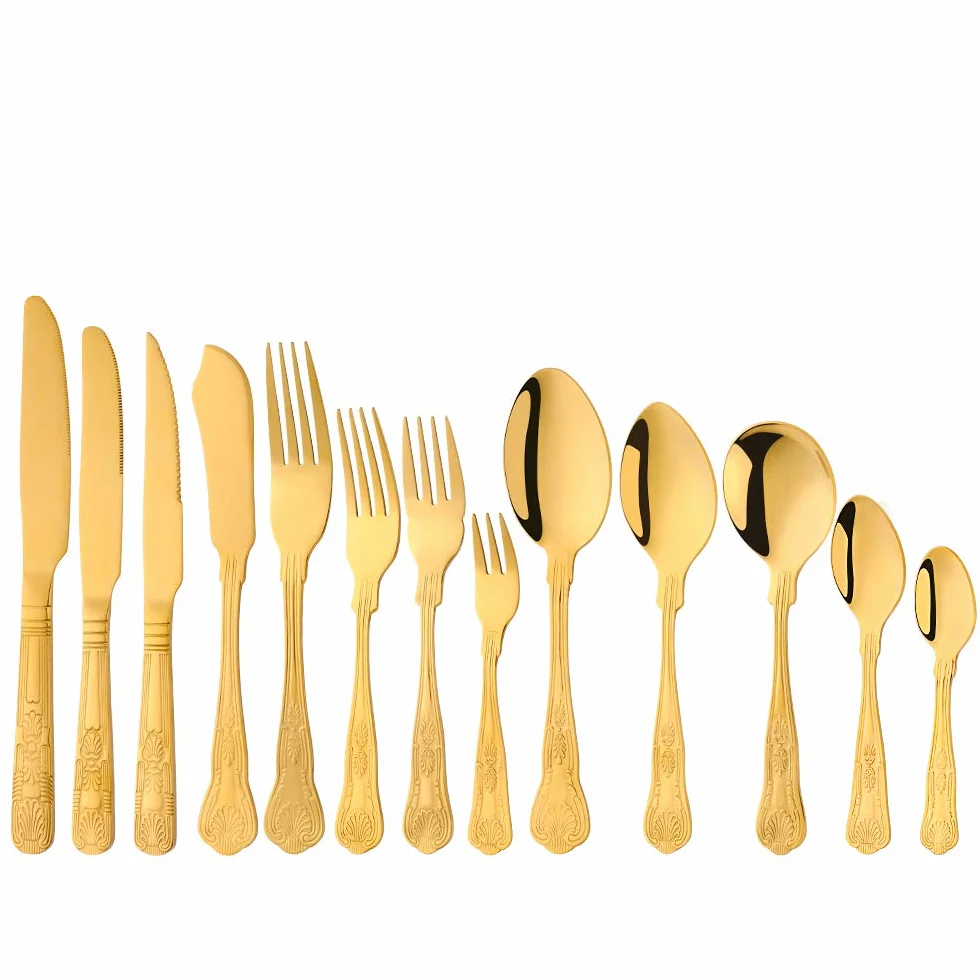 Buyer Star Coltelli da pesce 12 pezzi, set di forchette in acciaio inossidabile dorato per pesce, set di posate lucidato a specchio