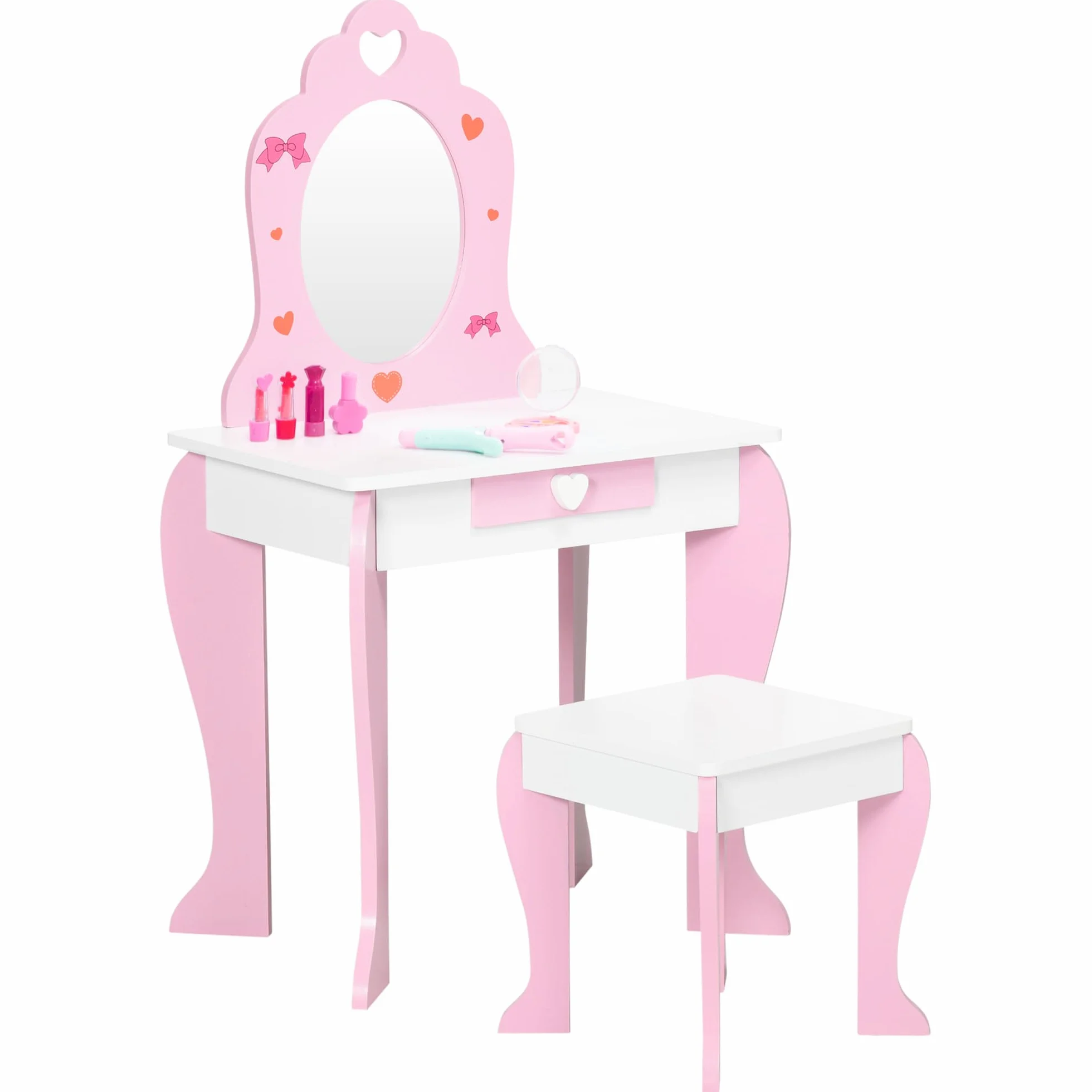 ZONEKIZ Set Tavolo Trucco con Sgabello e Specchio e Cassetto in Legno MDF per Bambini da 3-6 Anni, Bianco e Rosa