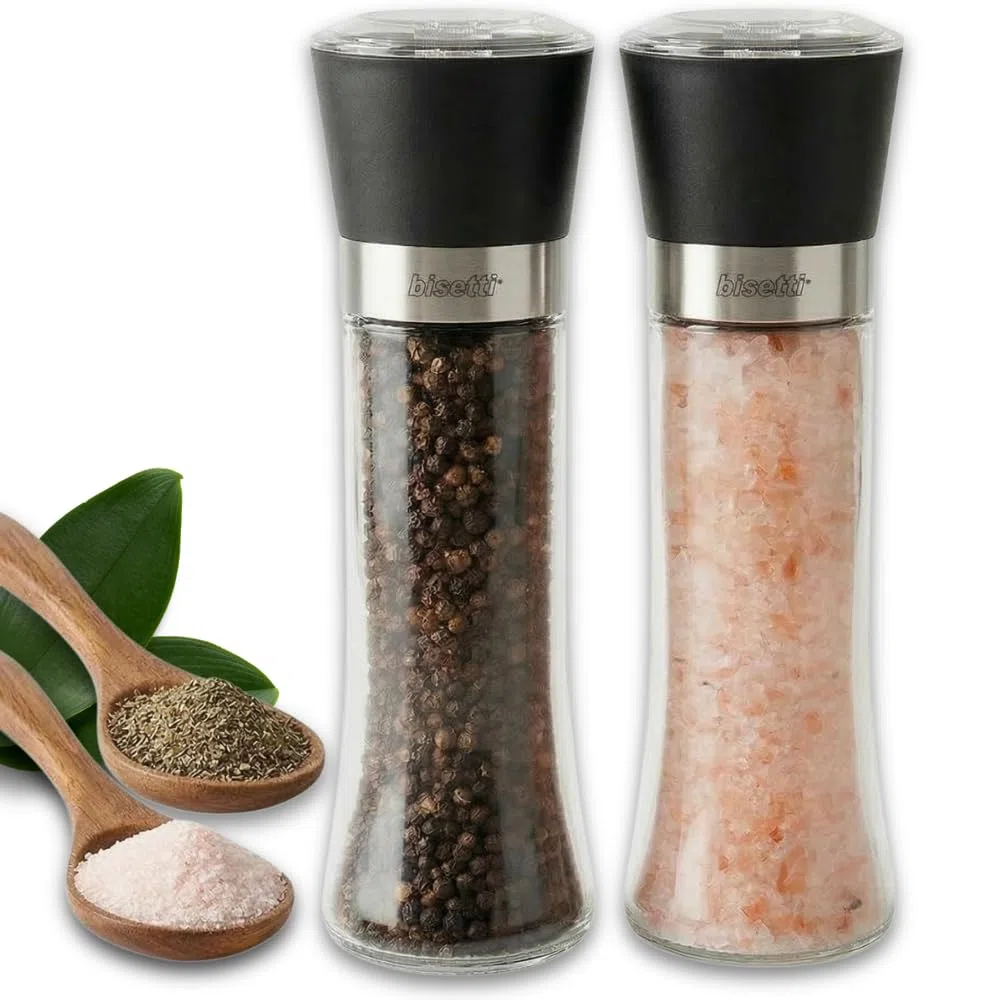 Macina Sale e Pepe, Set Manuale in Acciaio e Vetro - Macina Pepe e Sale Professionale - Design Elegante e Robusto - Ideale per Cucina e Ristorante - Facile da Usare e da Ricaricare - BISETTI