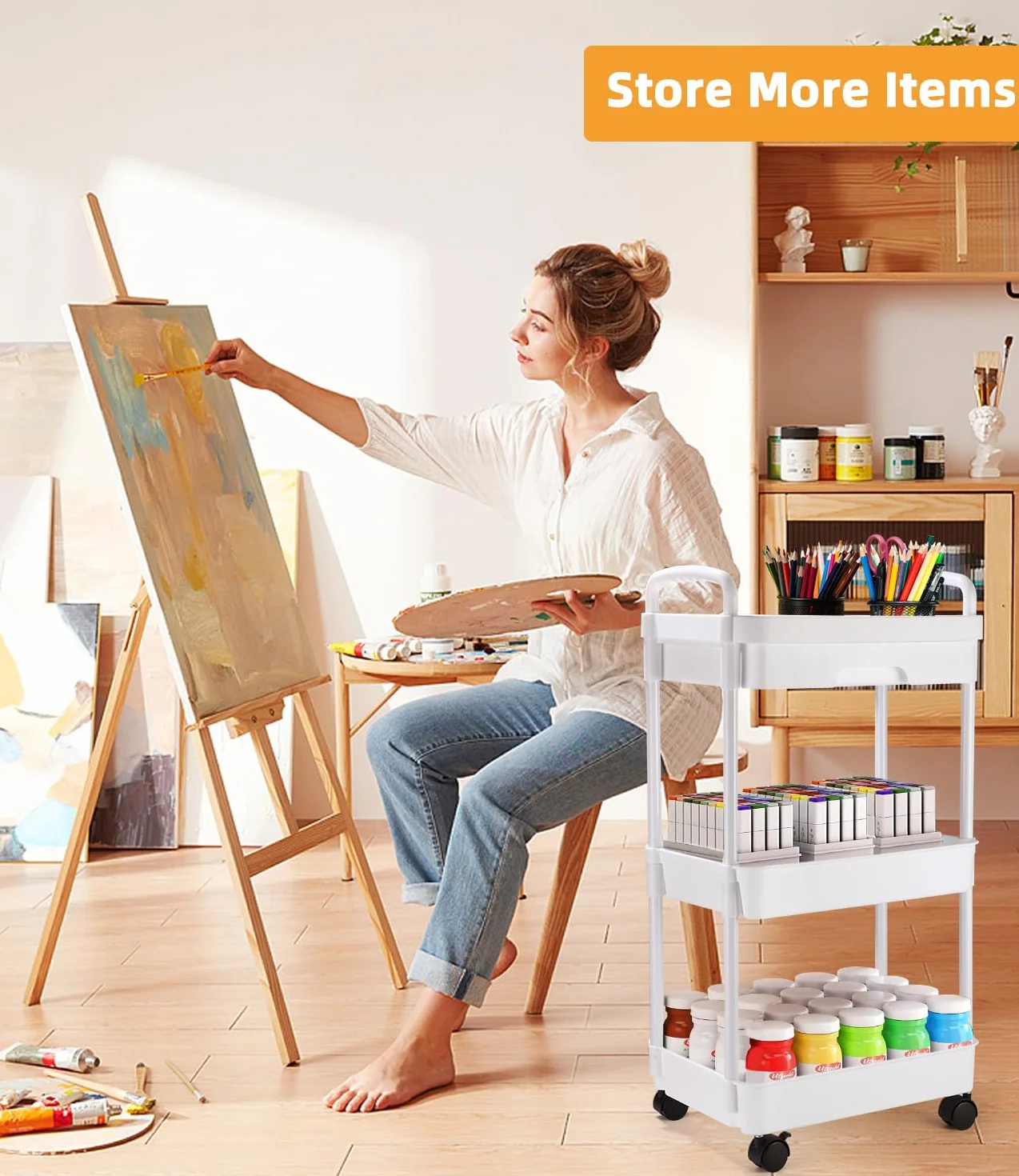 Carrello con Ruote Portatutto Cucina con Cassetto, Carrello Portaoggetti Multifunzionale con Maniglia, Gancio, Ruote Bloccabili, Carrellino per auto di Facile Montaggio per Bagno, Bianco