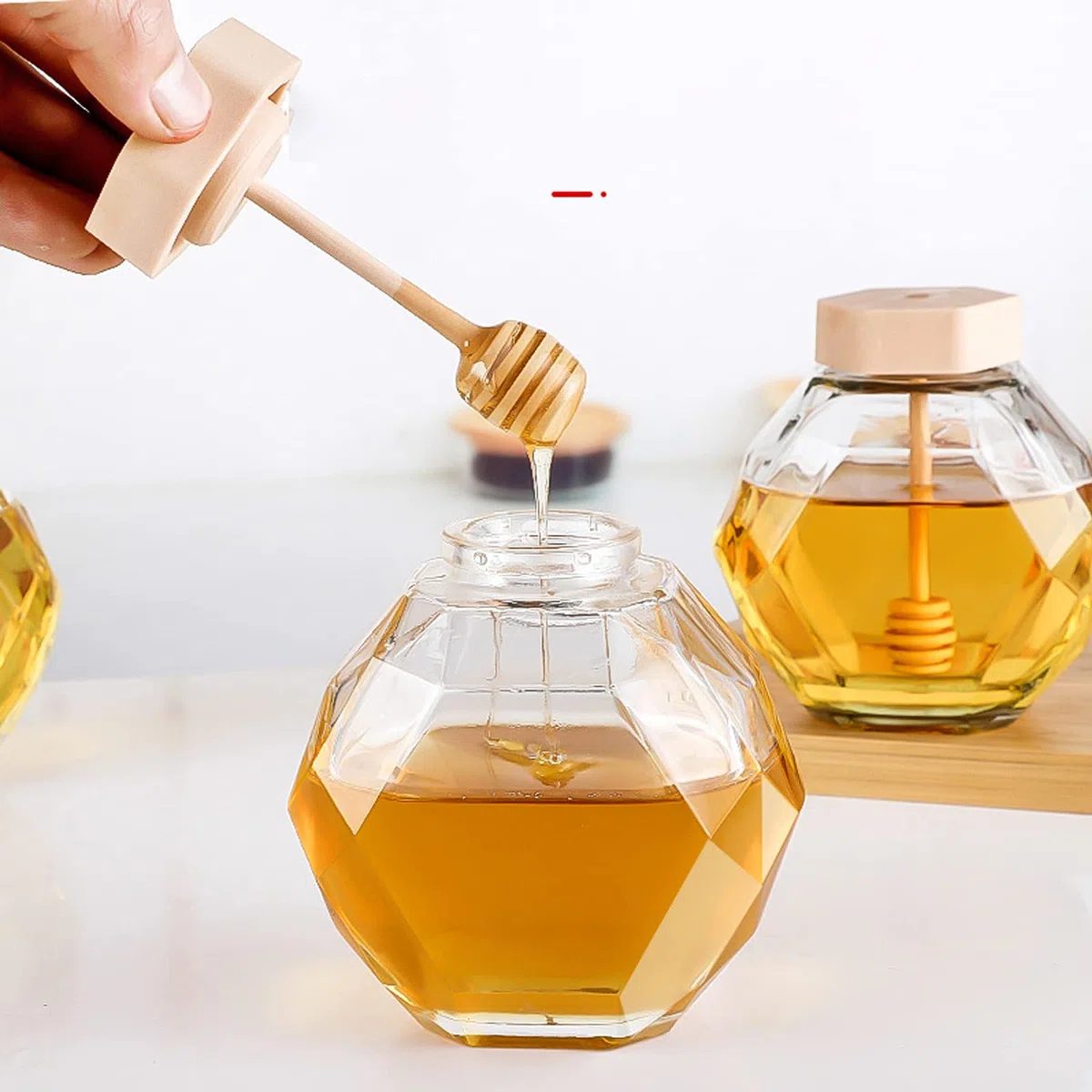 Contenitori per Miele,2PCS Dispenser Miele Vetro,Barattolo di Miele di Vetro con Mestolo e Coperchio Cucina Stoccaggio Vasetti per Conservare Miele e Sciroppo (200ml)