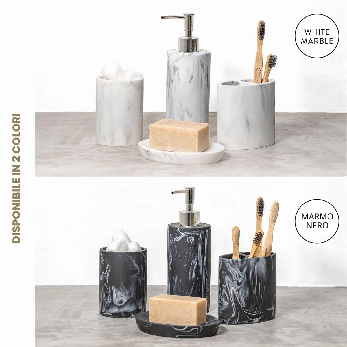 ZCCZ Set di accessori da bagno 4 pezzi, accessori decorativi per il bagno con dispenser di sapone, portaspazzolino, bicchiere da bagno, portasapone, effetto marmo, set di accessori da bagno bianco