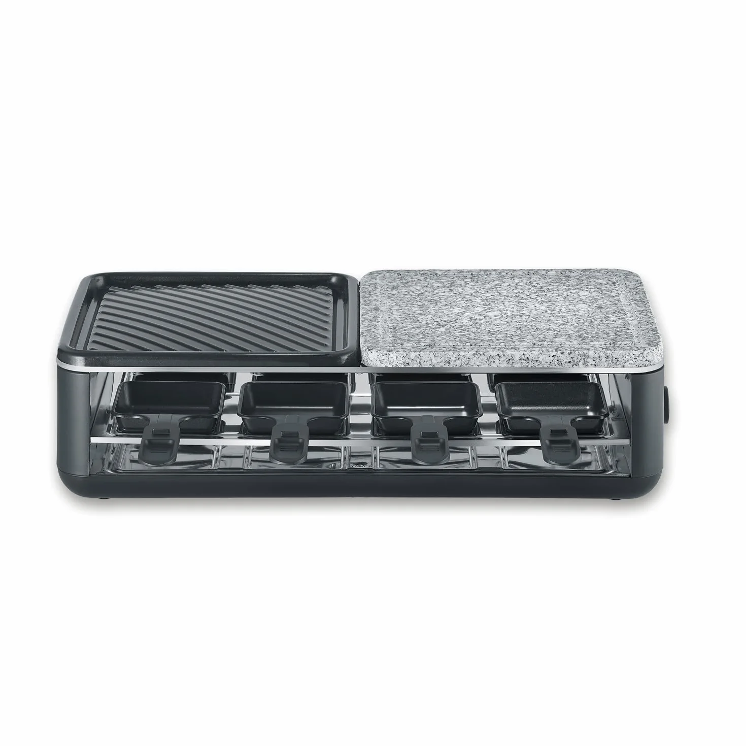 SEVERIN Raclette Grill, 1300W, 8 Padelline Antiaderenti Extra Profonde, Piastra Pietra Naturale e Ceramica, Temperatura Regolabile, 49,0 x 25,0 x 14,0 cm, Nero - RG 2366