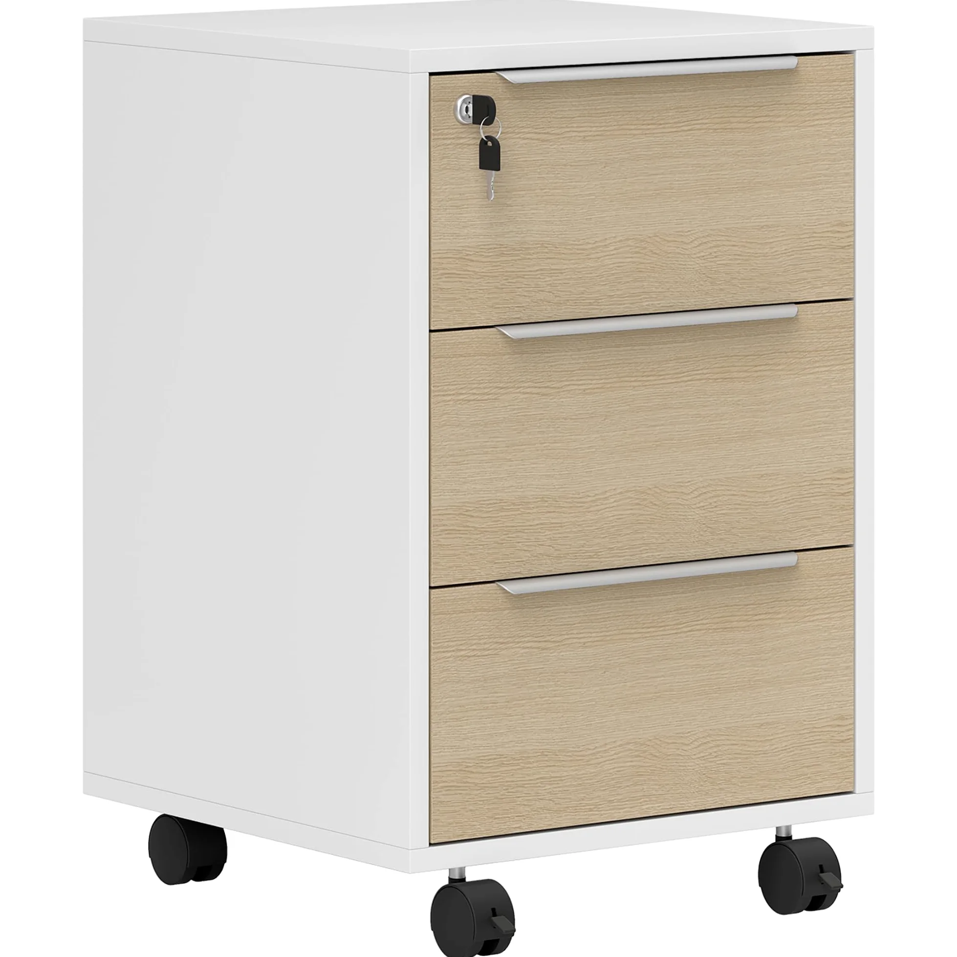 HOMCOM Schedario da Ufficio con 3 Cassetti, 4 Ruote, Cassettiera Ufficio con Serratura e 2 Chiavi per Lettera/Formato A4, Armadietto Verticale per Studio, 40x40x63.5 cm, Bianco e Rovere
