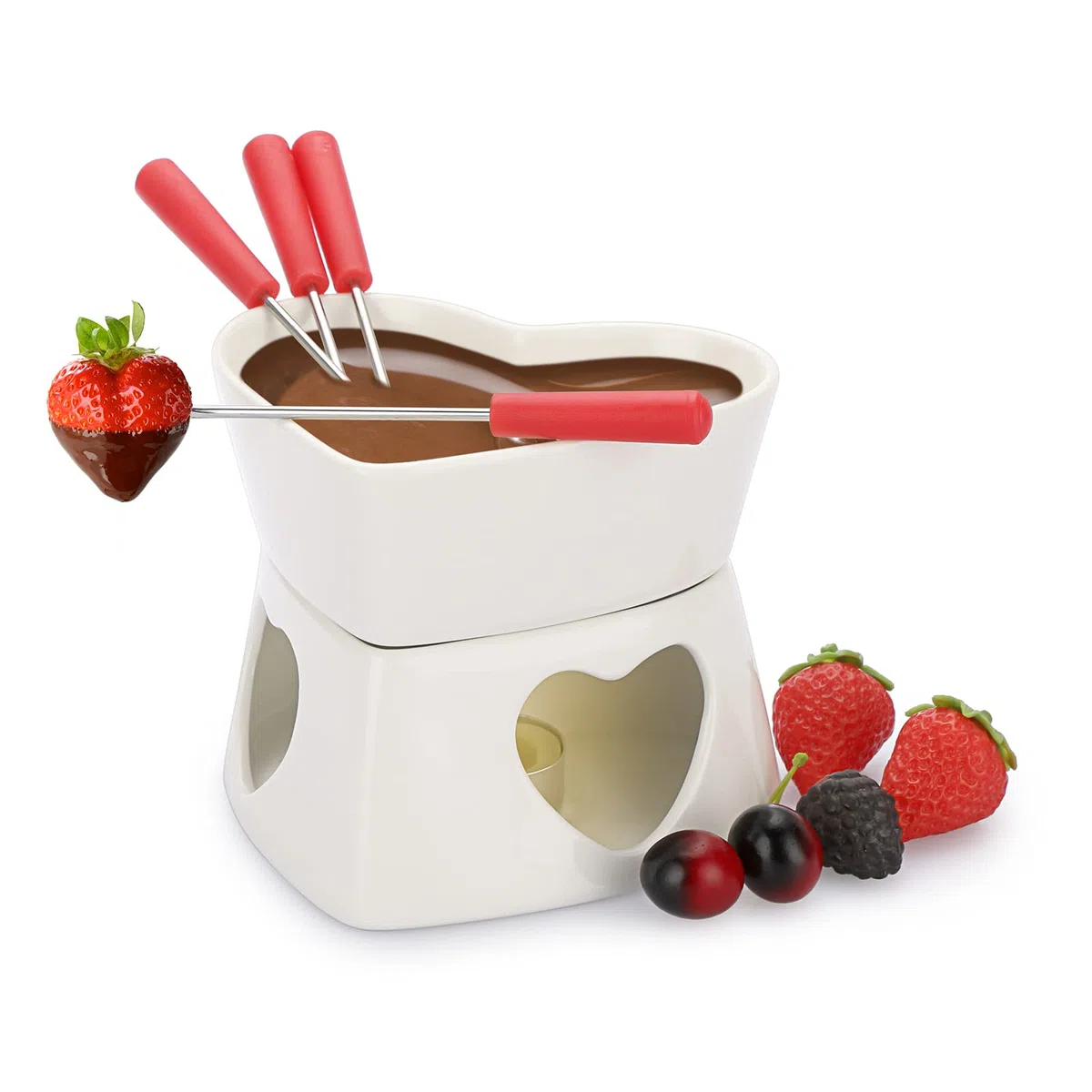 Fonduta Formaggio - Ceramica Bianca da 320 ml Fonduta di Cioccolato dell'Amore con 4 Forchette Rosse per Cioccolato Burro Formaggio (senza Candela)