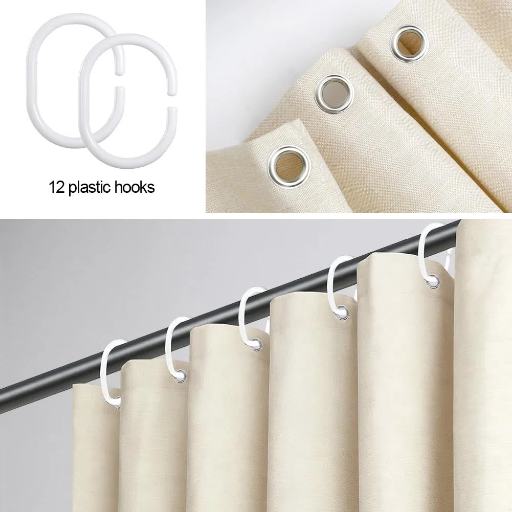 Tenda da doccia in lino 180x200 cm Beige chiaro, lavabile in lavatrice, tenda da bagno in tessuto lavabile antimuffa con 12 anelli