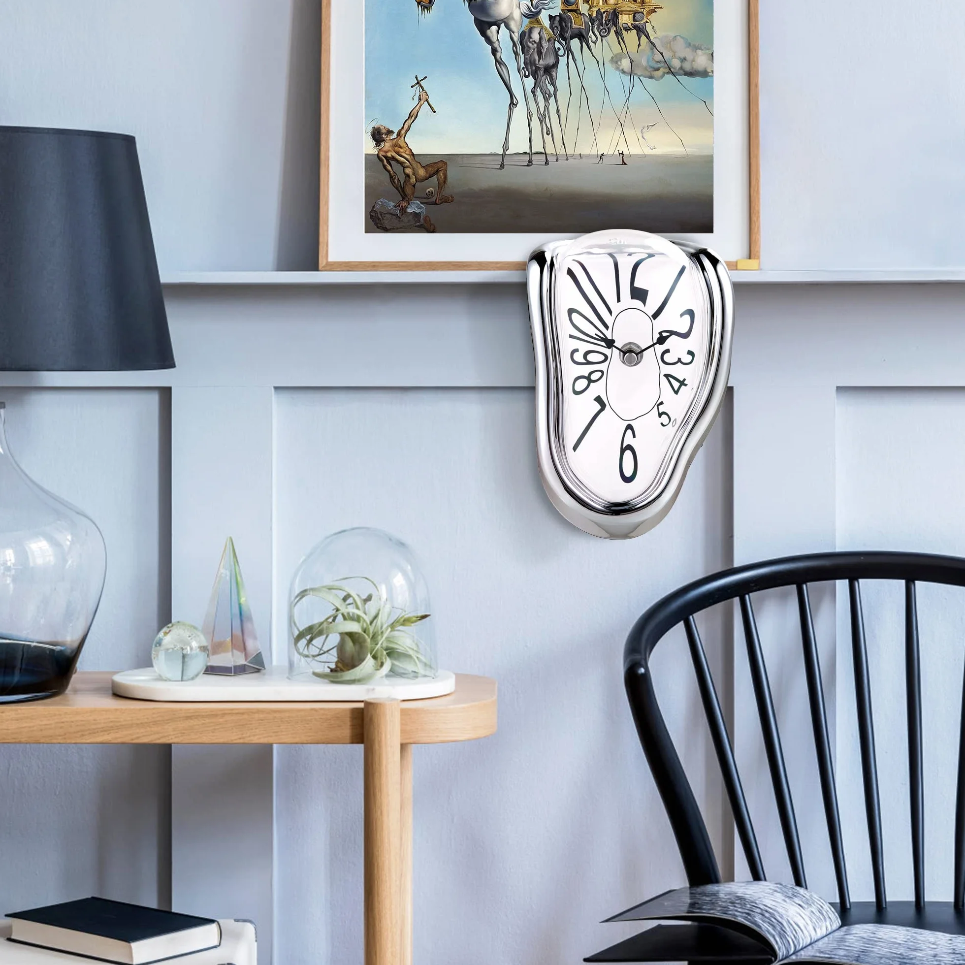 Lafocuse Orologio Fusione Salvador Dali, Stile Surrealismo Creativo Distorto, Orologio da Scrivania e da Scaffale Silenzioso Decorativo per Casa Mensola Ufficio (Argento)