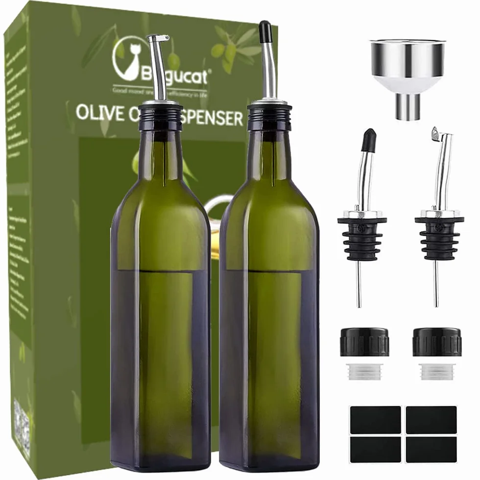 Bugcat Bottiglia per Olio d'oliva,2 Verde Oliera Bottiglie Vetro 500ML,Bottiglia di Olio con Beccucci Imbuto ed Etichette,Dispenser di Olio d'oliva Olio Aceto Dispenser Bottiglie per Cucina BBQ