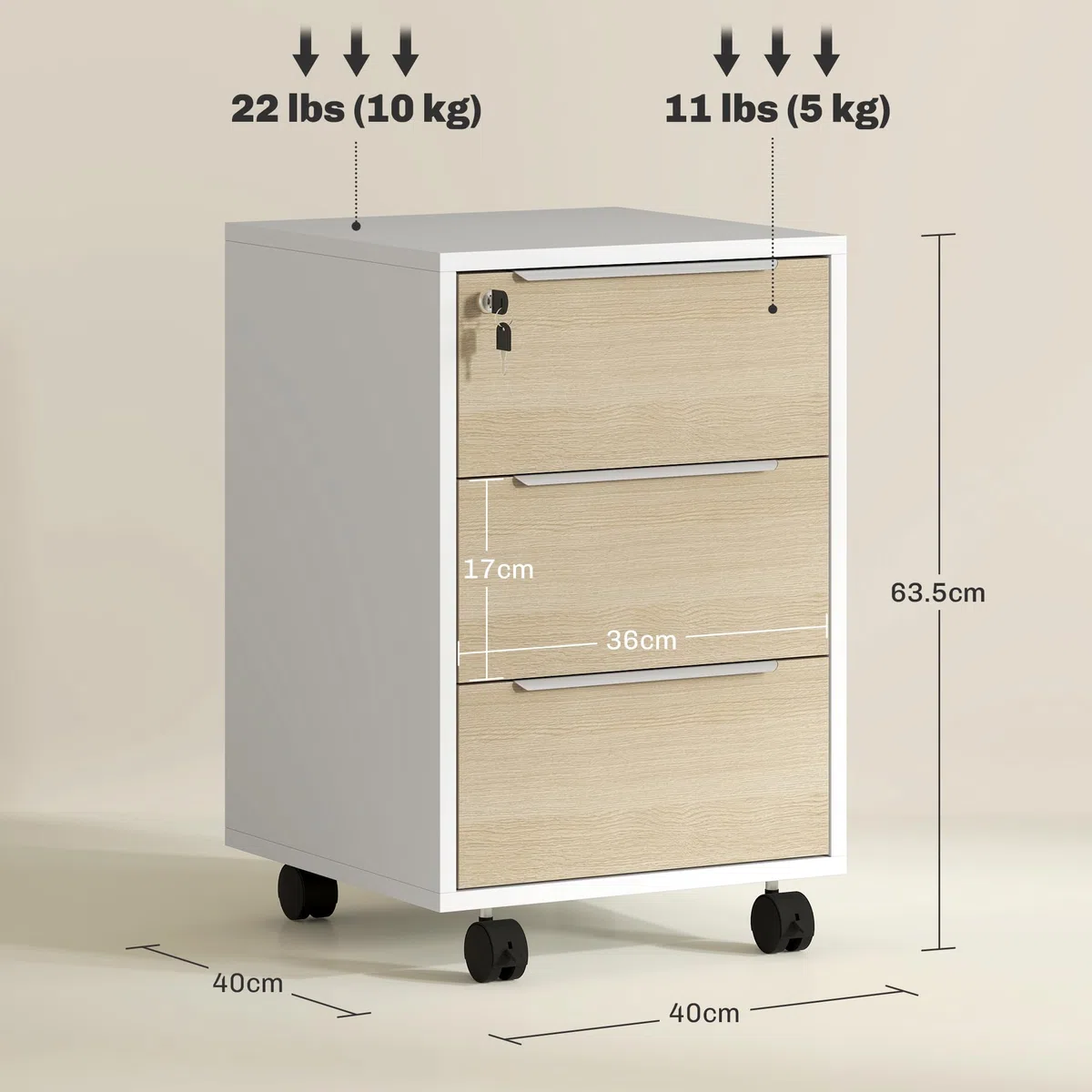 HOMCOM Schedario da Ufficio con 3 Cassetti, 4 Ruote, Cassettiera Ufficio con Serratura e 2 Chiavi per Lettera/Formato A4, Armadietto Verticale per Studio, 40x40x63.5 cm, Bianco e Rovere