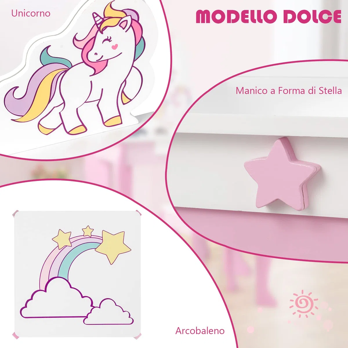 RELAX4LIFE Toeletta da Trucco con Sgabello per Bambini, Scrivania con Specchio Rotondo Rimovibile, Cassetto con Manopola a Stella, Scrivania e Sedia per Cameretta, Modello Unicorno (Rosa)