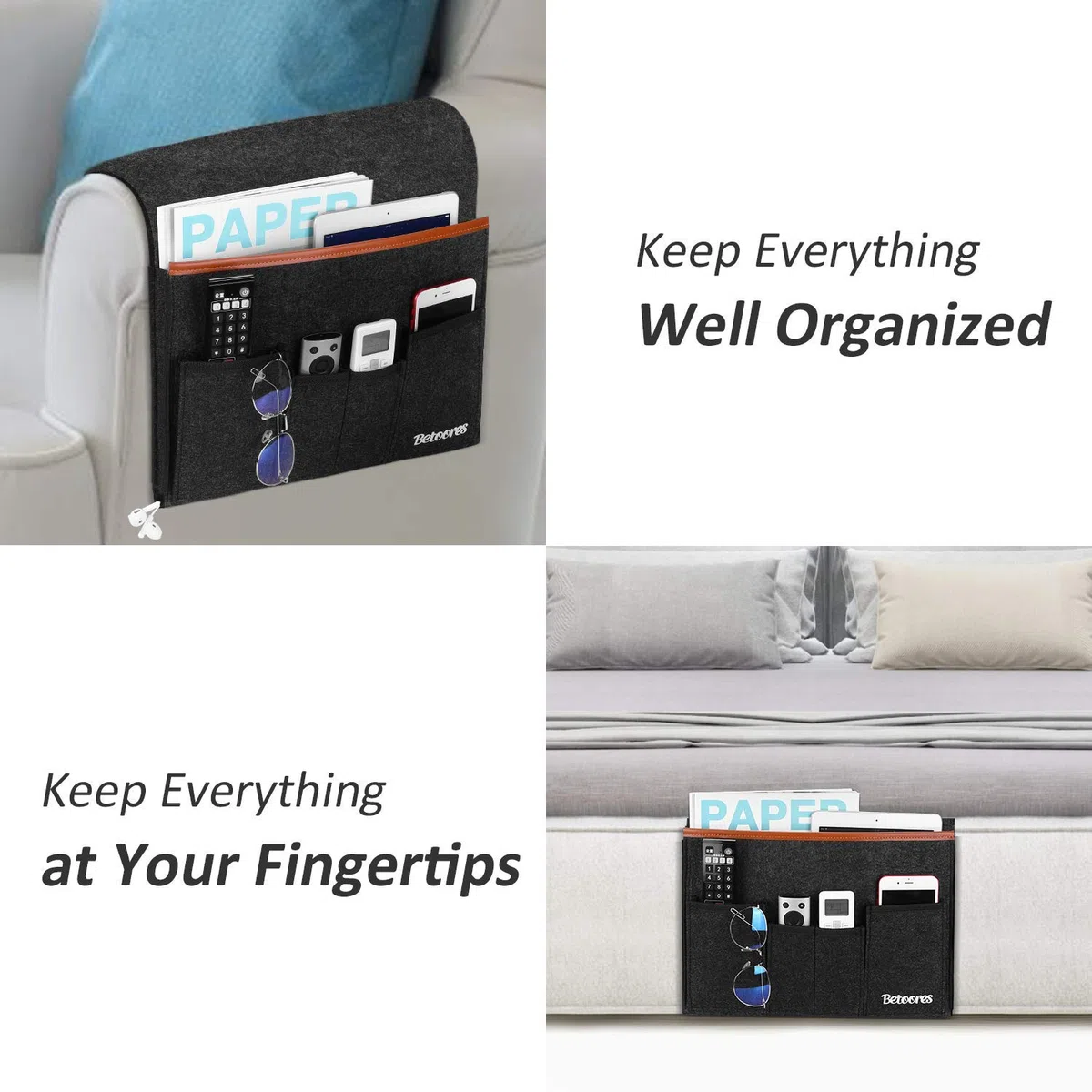 Organizer per Bracciolo Divano, Portaoggetti da Appendere per Letto o Divano con 6 Tasca, Organizzatore Divano per iPad, Tavoletta, Riviste, Cellulare, Occhiali, Matita - Grigio Scuro