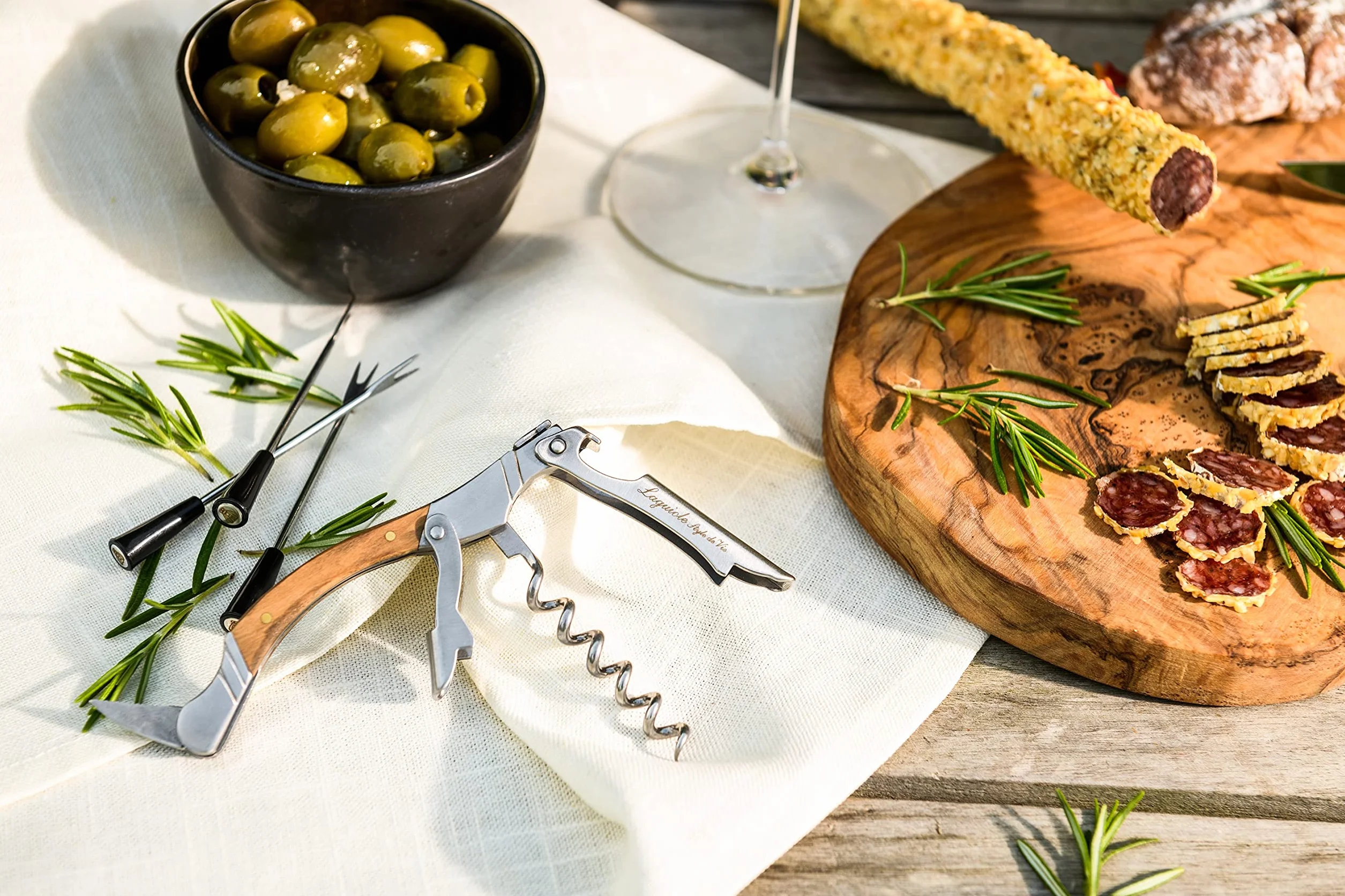 Laguiole Style de Vie cavatappi, apribottiglie con taglierina, sommelier, legno d'olivo