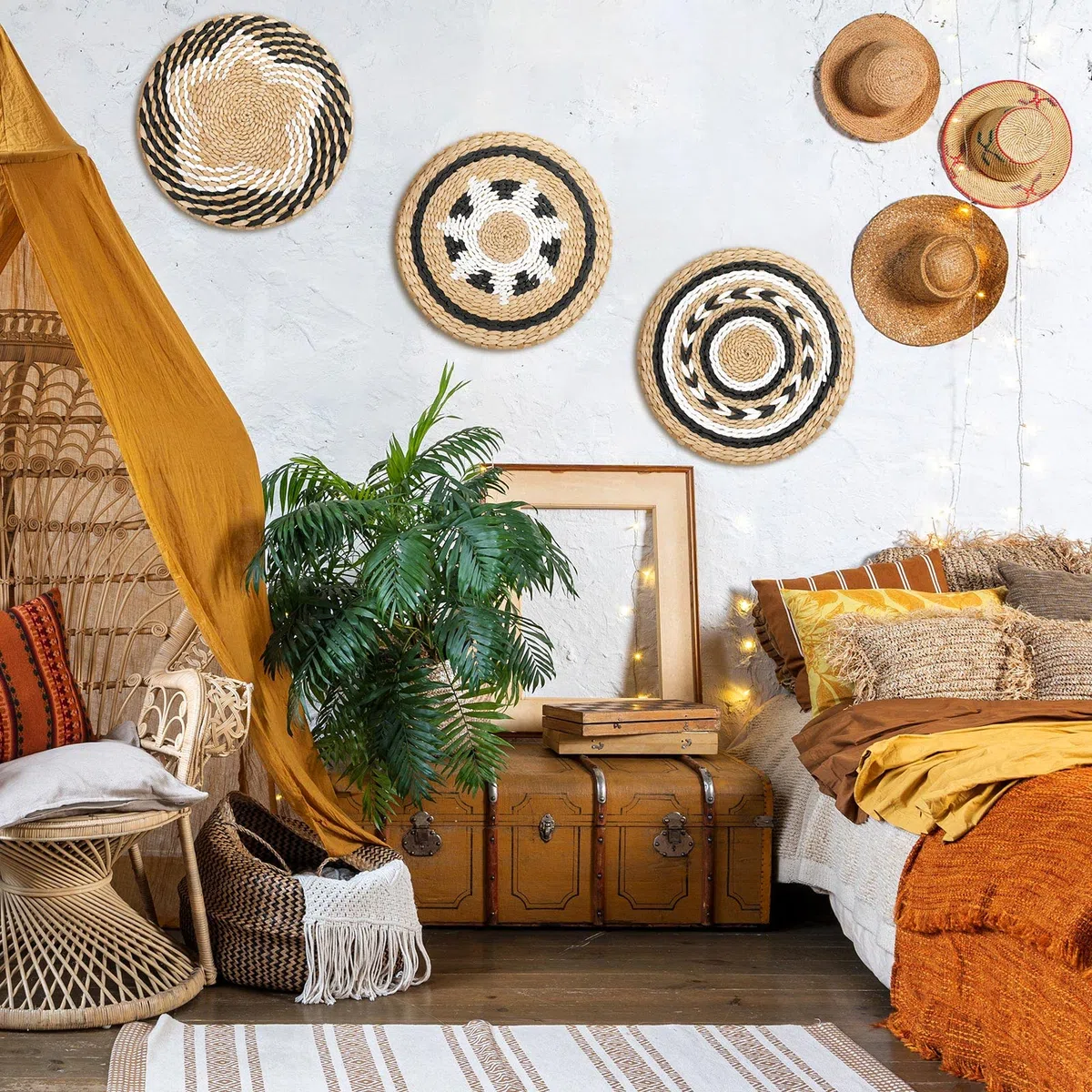 Set di 3 cesti decorativi da parete in stile bohémien, set di 3 cestini decorativi da parete, rustici, da appendere, fatti a mano, rotondi, con design africano, per soggiorno, camera da letto,