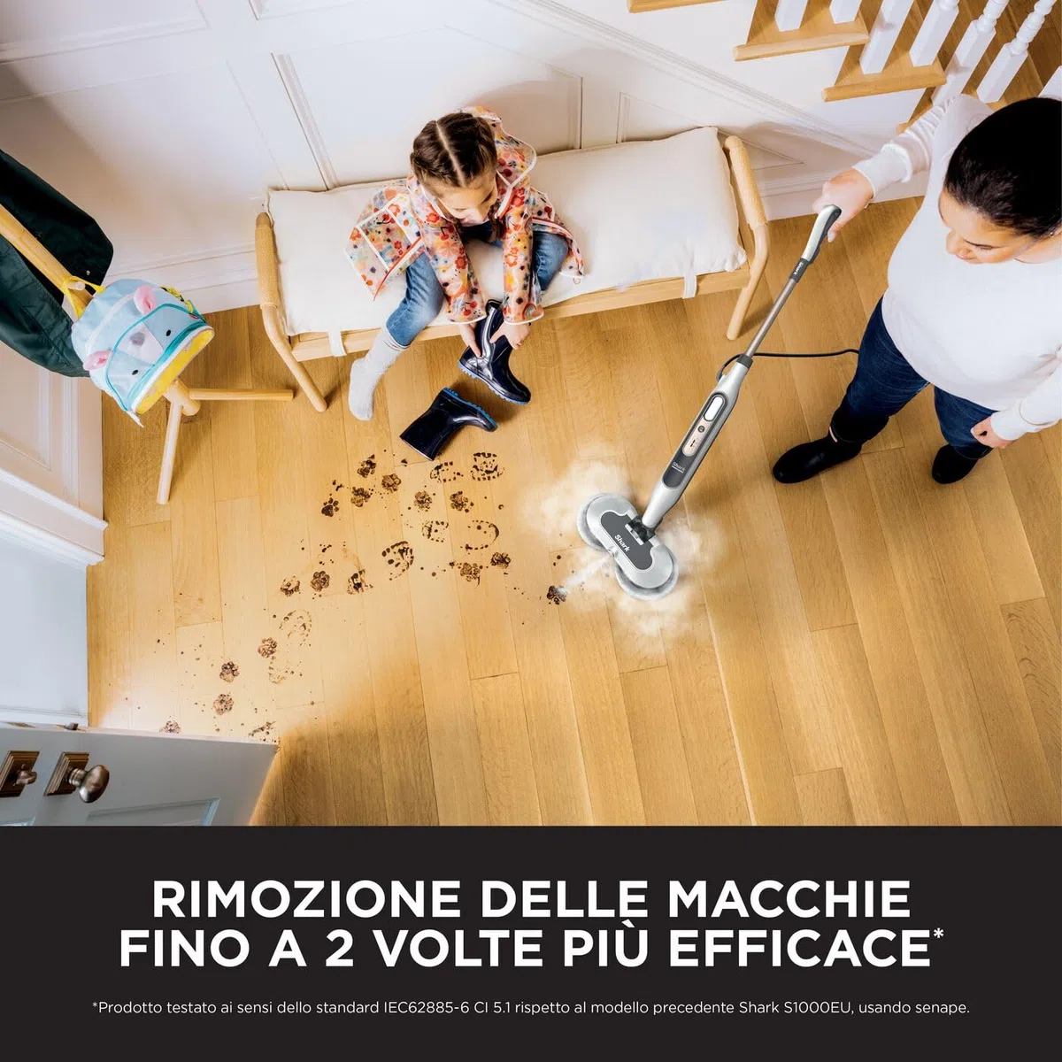 Shark Steam Mop, Scopa a Vapore Lavapavimenti Automatico con Steam Blaster, 2 Panni Lavabili Rotanti, 3 Modalità, Igienizza, Rimuove Macchie e Sporco, Tutti i Tipi di Pavimenti, Bianco/Grigio, S8201EU