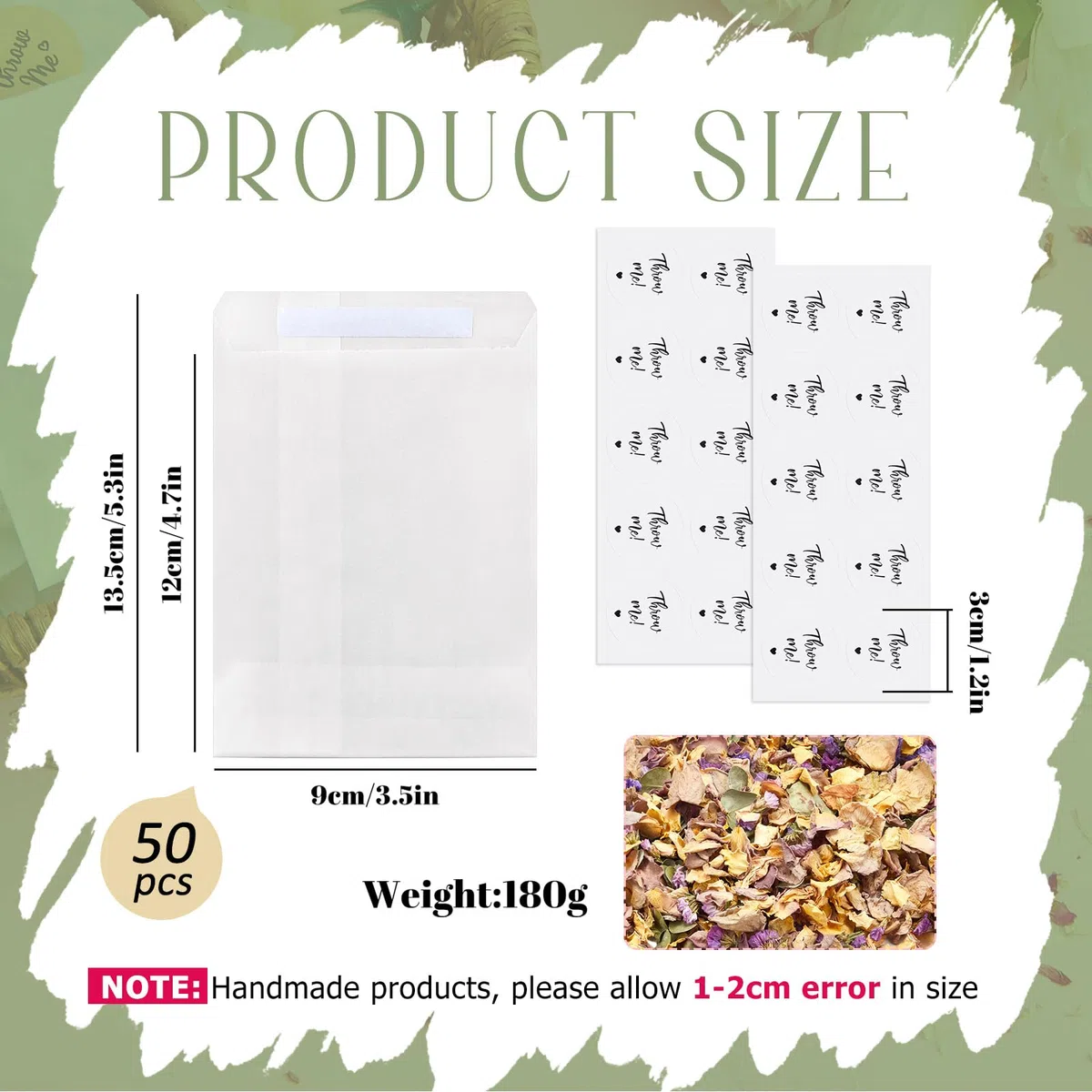 Tenare 50 Set di Sacchetti di Coriandoli di Fiori Secchi Kit per 45-50 Ospiti Include Petali Secchi Naturali di Rose Sacchetti di Carta Glassine Adesivi per Festa Anniversario Matrimonio (Carino)