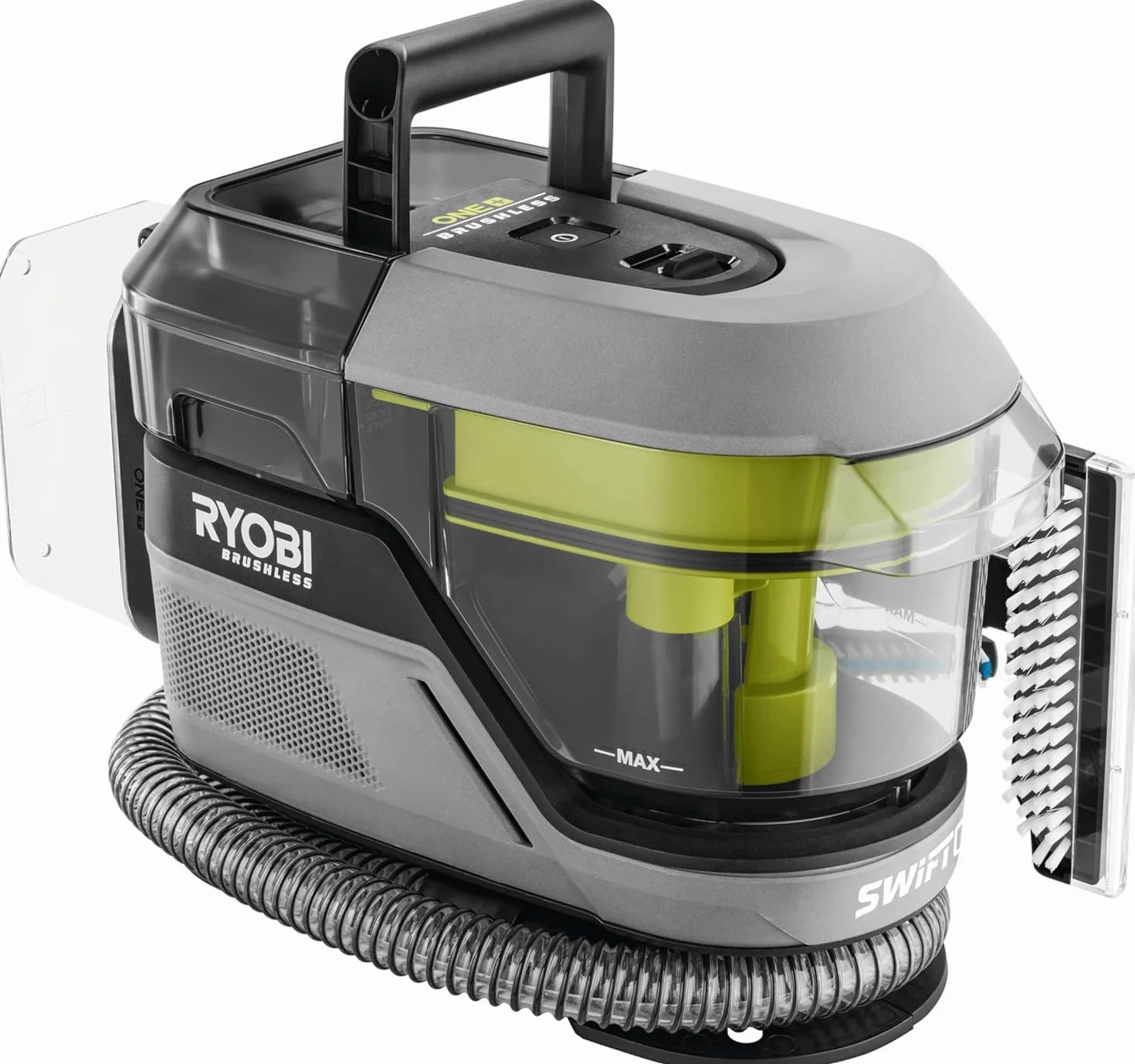 Ryobi RDC18BL-0, Smacchiatore multisuperficie con Spazzola Motorizzata 18V ONE+, Certificato IPX7, 3 pulsanti per attivare spray detergente, spazzola e aspirazione