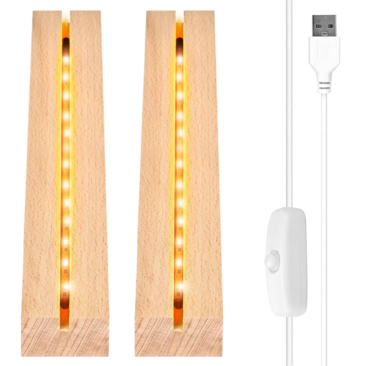 Vegena 2 basi per display a LED, base in legno con luce a LED, base rettangolare in legno con USB per piastra in acrilico, piastra in vetro (24 cm di lunghezza, bianco caldo)