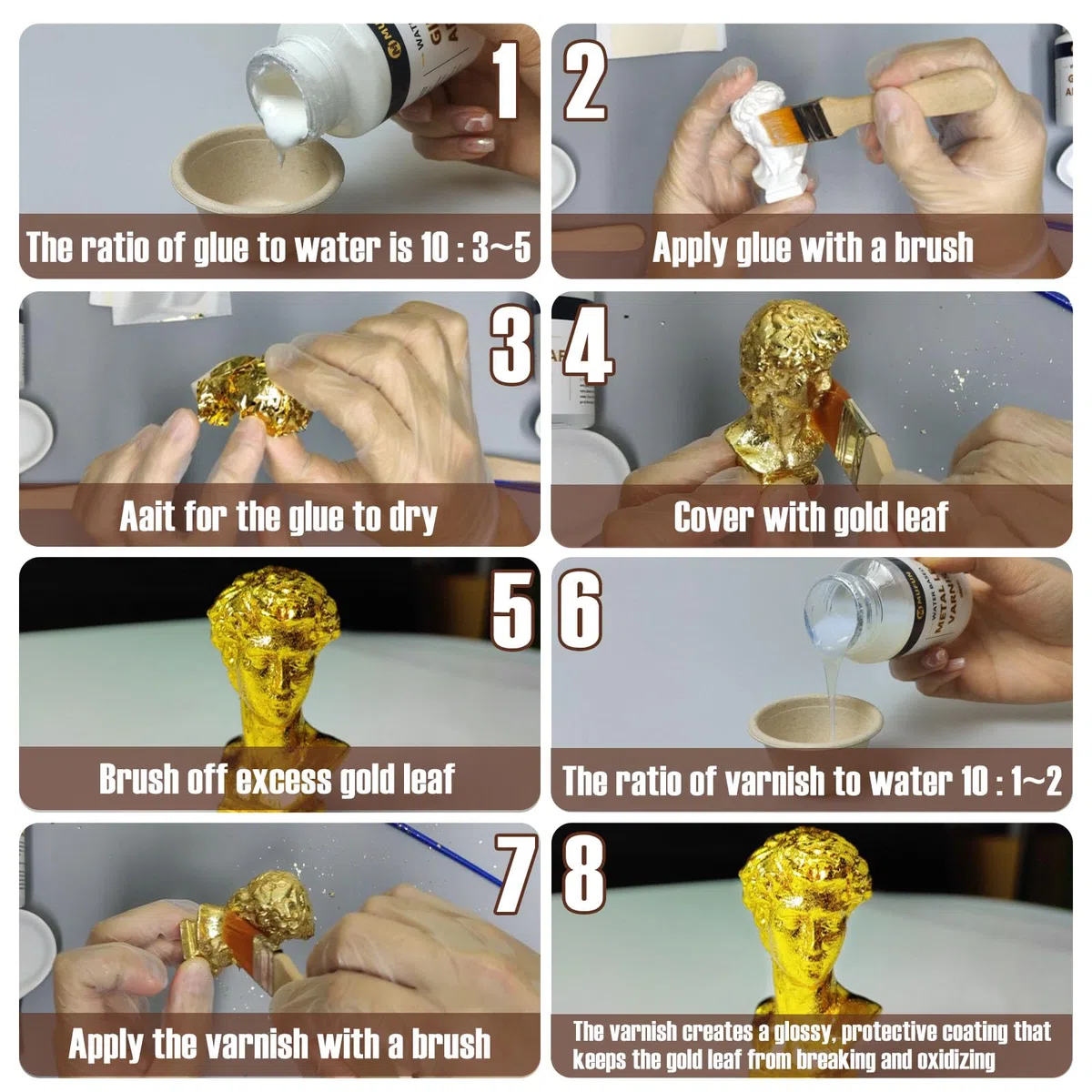 200ml Foglia oro decorazione, Set per doratura adesiva foglia d'oro per uso artistico e artigianale - 100 ml di adesivo per doratura, 100 ml di vernice per foglie metalliche, 4spazzole, 2 guanti