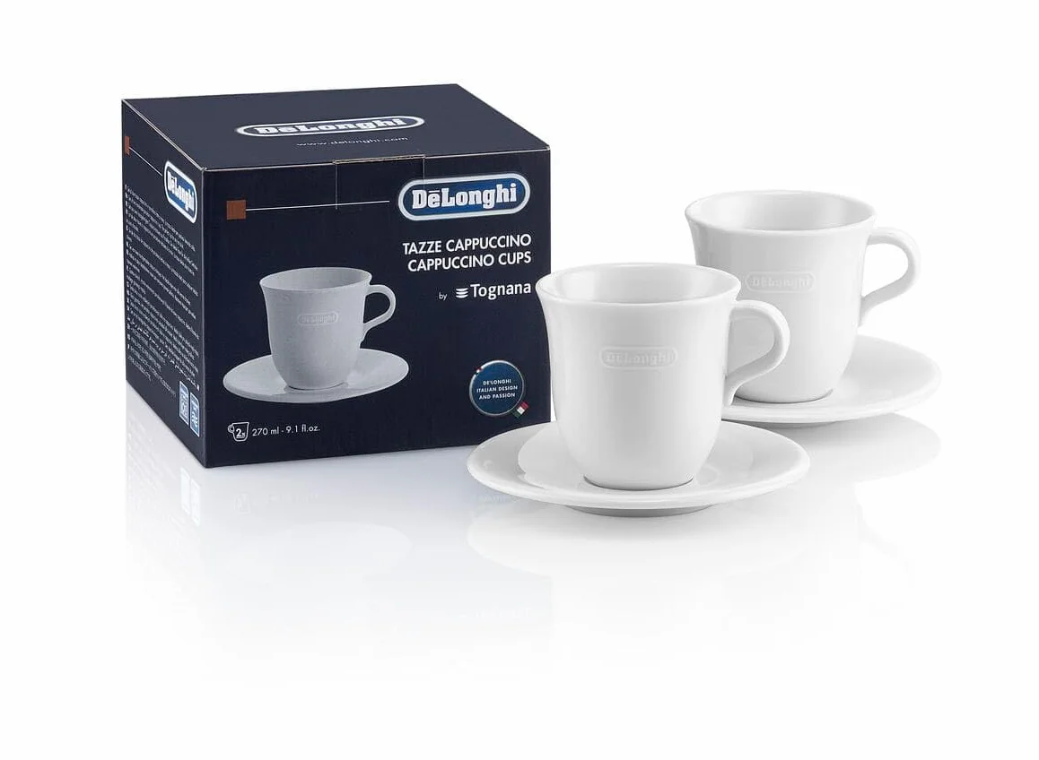 De'Longhi DLSC309 Set di 2 tazze in porcellana ceramica, Made in Italy, per Cappuccino e Latte Macchiato, Confortevole da Tenere, Lavabile in Lavastoviglie, Capacità 270ml ciasc. + i piattini