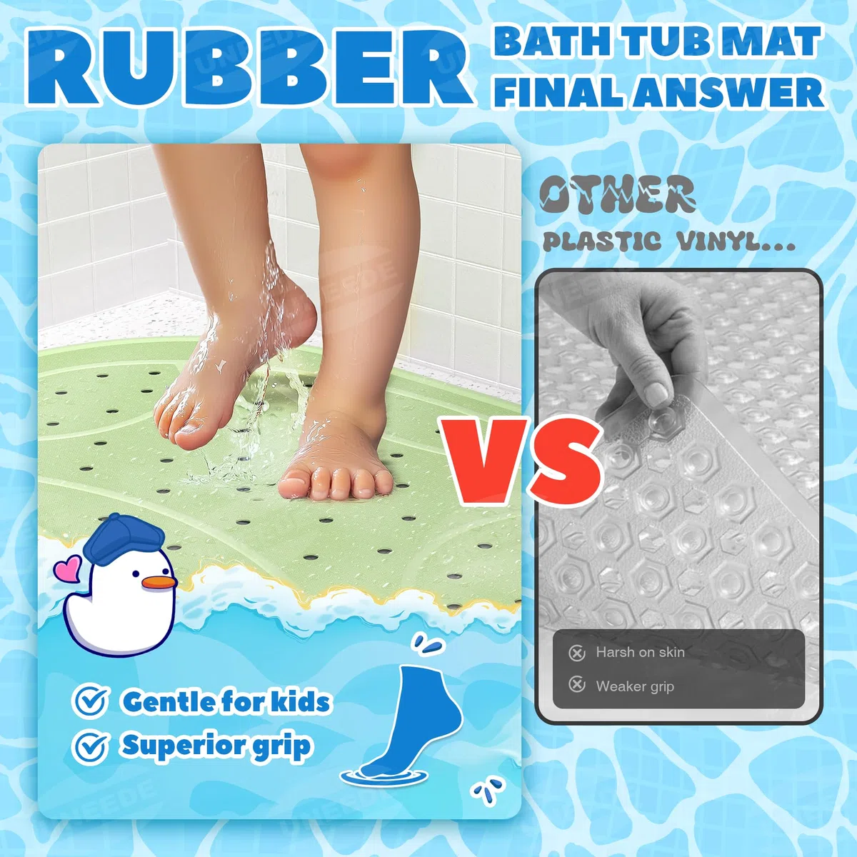 UNEEDE Tappetino da bagno antiscivolo per bambini, a forma di rana, 76 x 45 cm, tappetino da bagno in gomma per neonati e bambini, con forti ventose, lavabile in lavatrice