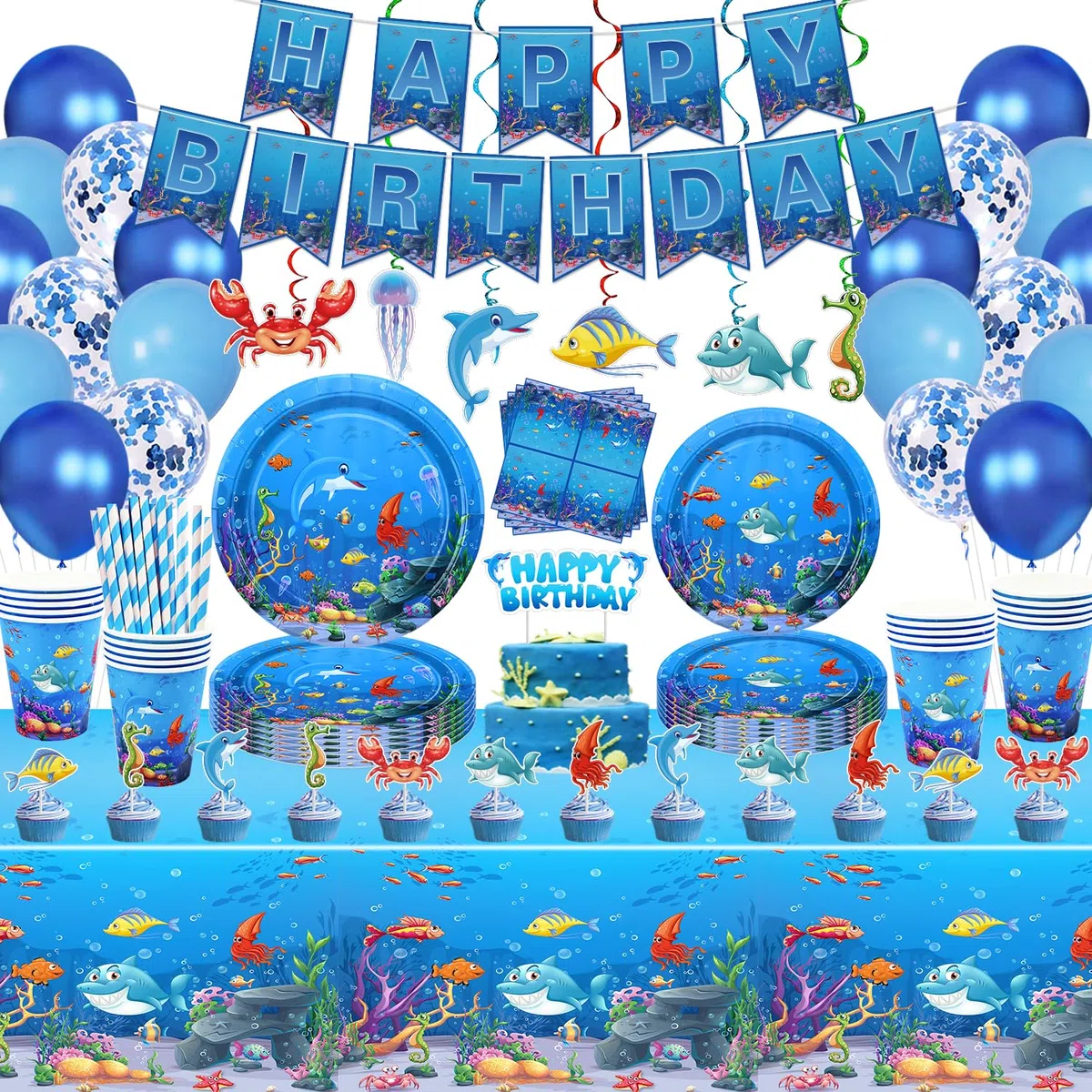 186 pezzi sotto il mare accessori per feste oceano mare piatti tovaglioli tovaglie striscioni palloncini decorazione per torte per il mondo sottomarino compleanno decorazioni