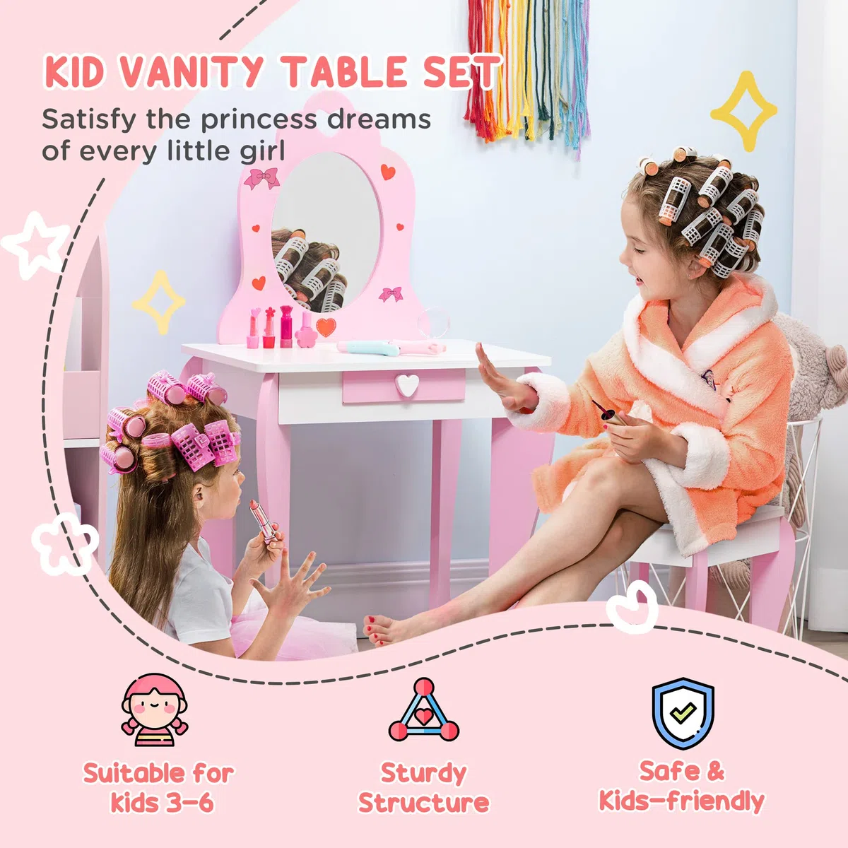 ZONEKIZ Set Tavolo Trucco con Sgabello e Specchio e Cassetto in Legno MDF per Bambini da 3-6 Anni, Bianco e Rosa