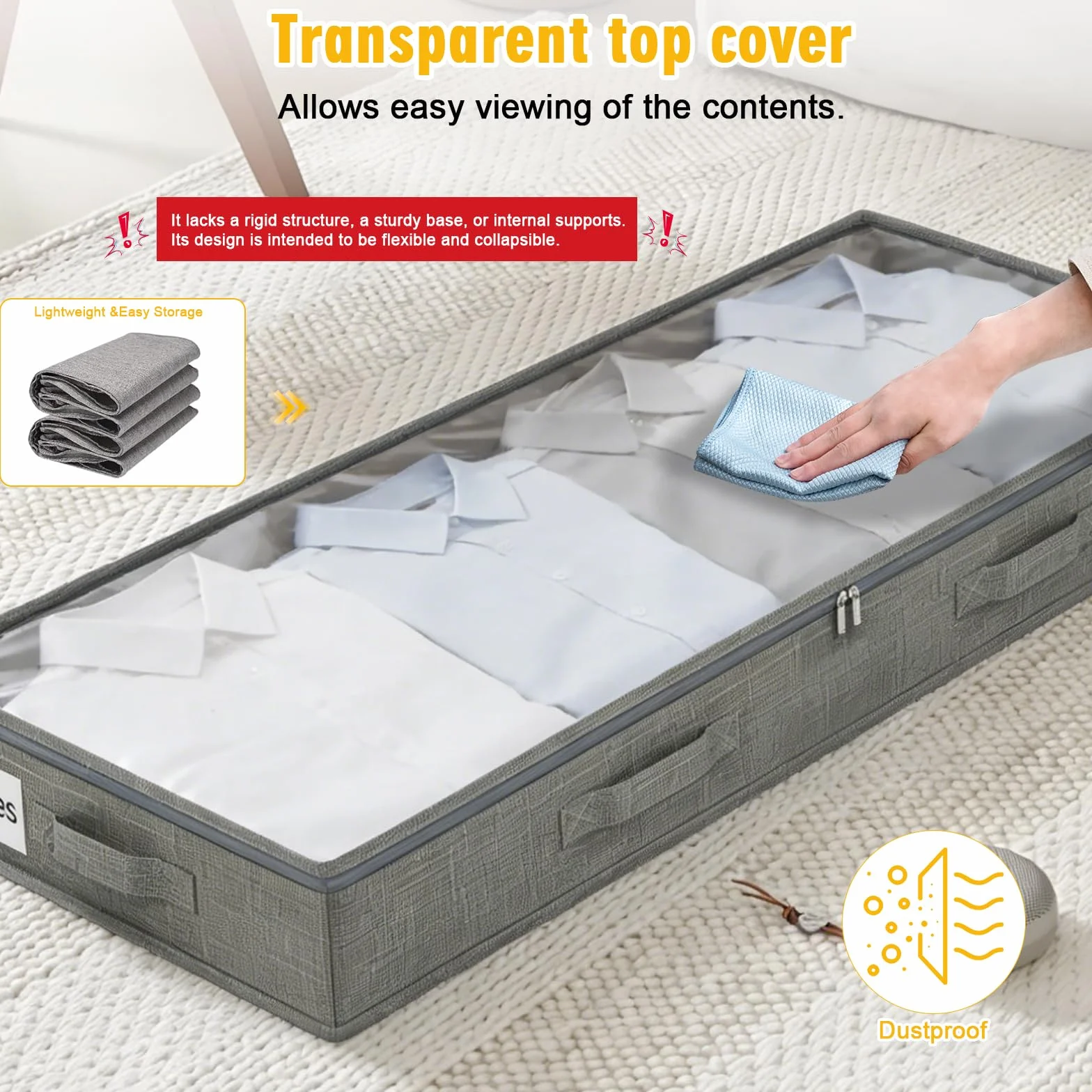 2 Pezzi Contenitori sottoletto,50L Scatole Pieghevoli Portavestiti con Finestra Frontale Trasparente,Scatole con Coperchio per Trapunte Coperte, Scarpe, Beige,100 x 50 x 10 cm