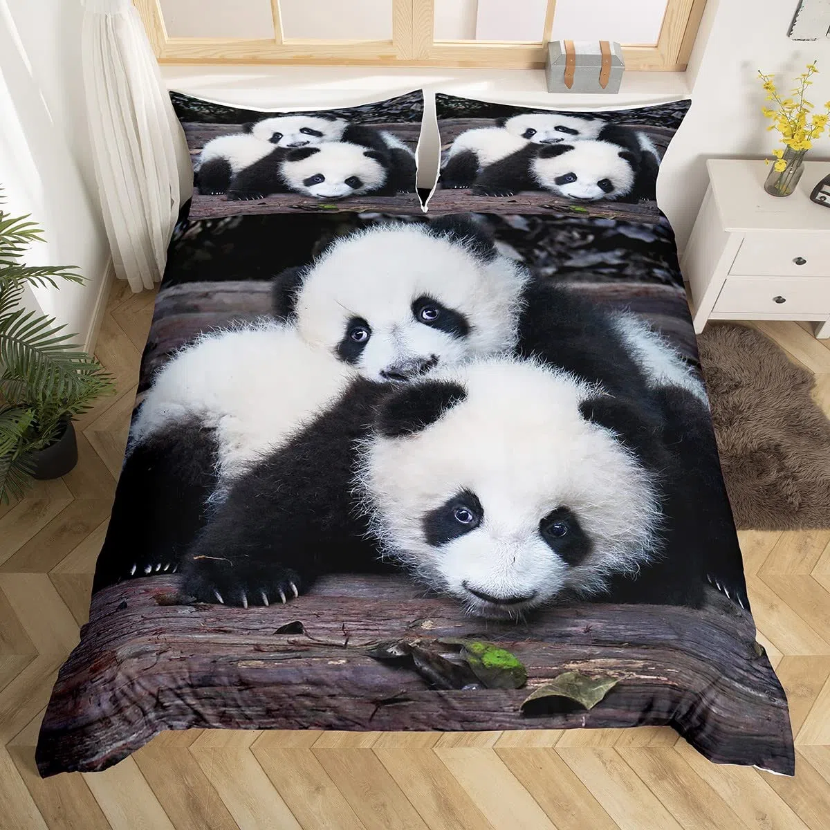 Homemissing Set di biancheria da letto con simpatico panda, per bambini, ragazzi e ragazze, set copripiumino con animali kawaii e fauna selvatica, set copriletto copripiumino per letto singolo