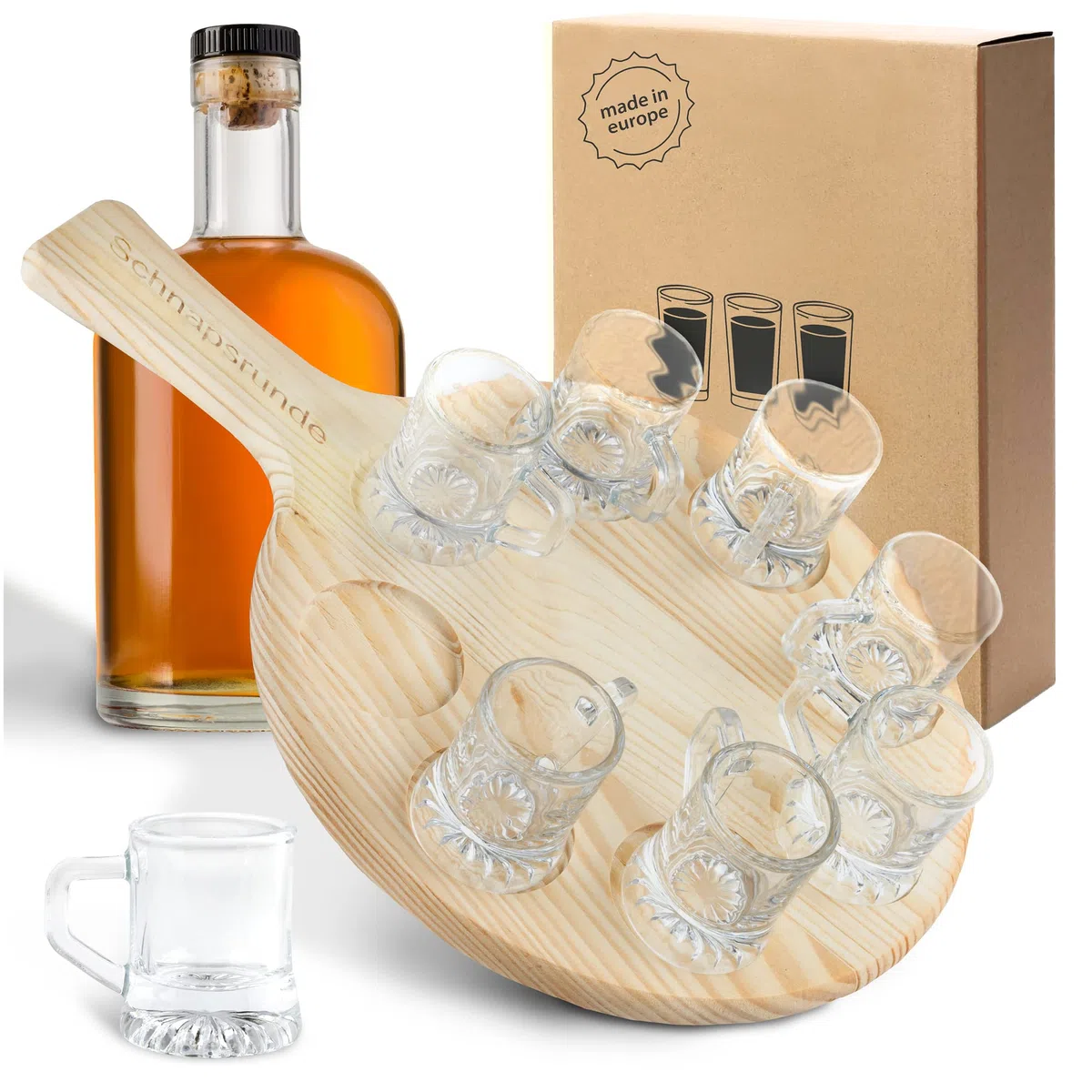 Vassoio rotondo in legno di faggio, con 8 bicchierini da liquore, adatto come regalo di compleanno, con manico