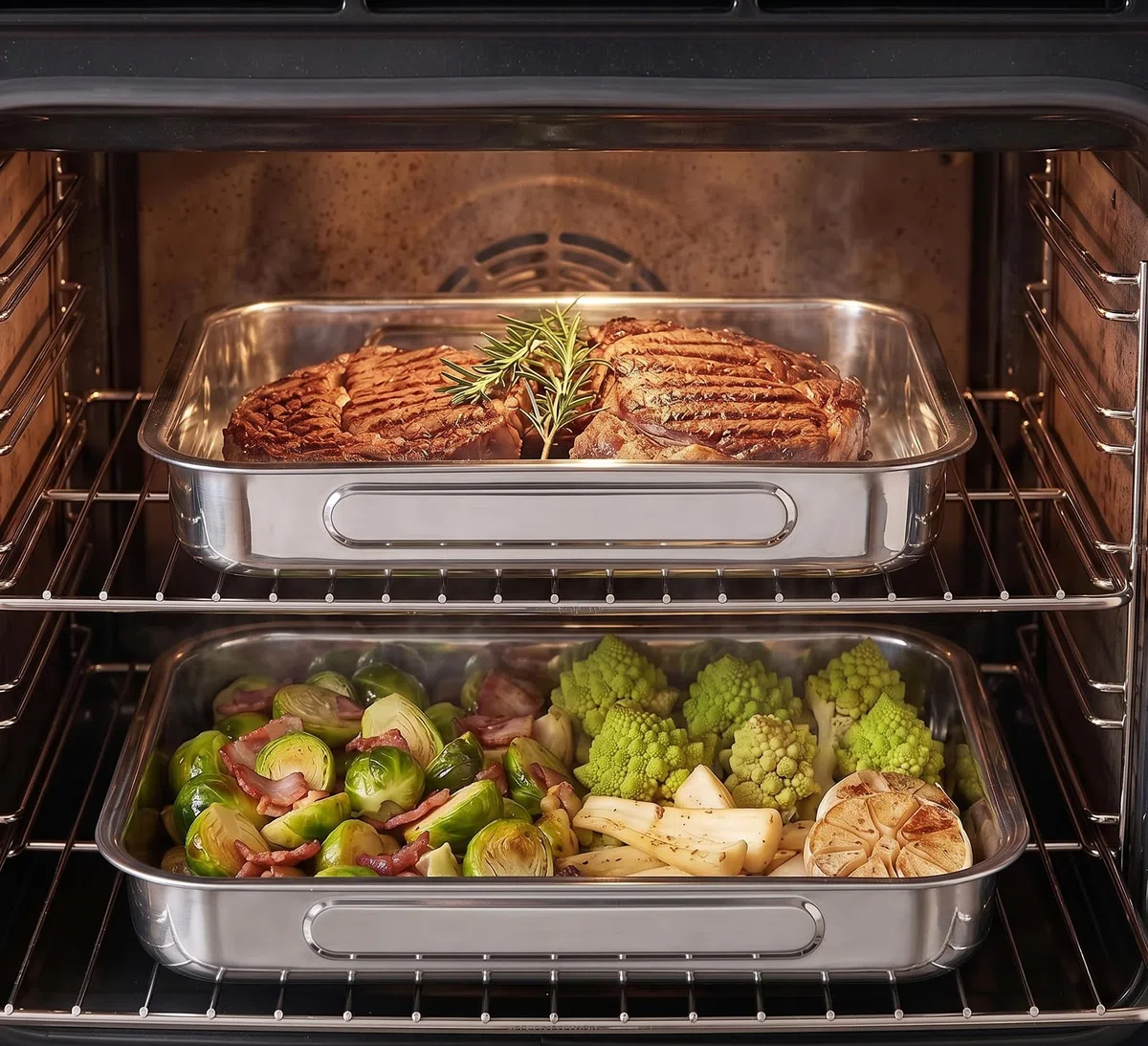 Menax - Set di 2 Teglie da Forno Rettangolari in Acciaio Inox - Stampo per Lasagna, Focaccia, Biscotti - Acciaio