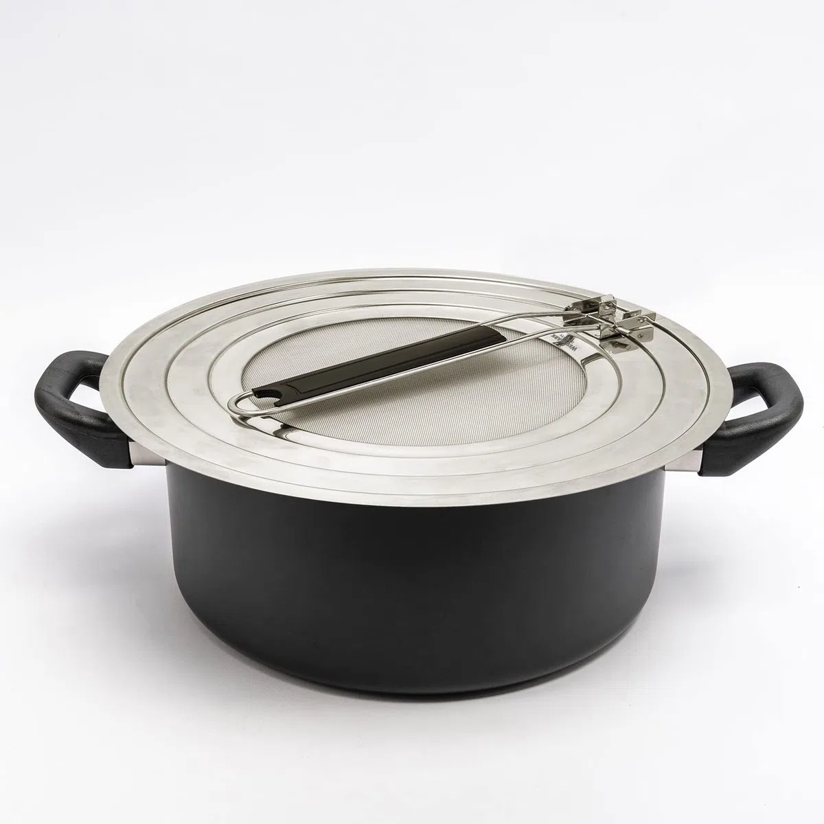 Westmark Coperchio Paraspruzzi, Per Pentole e Padelle con Diametro di 20, 24 e 28 cm, Manico con Isolamento Termico, Acciaio Inox, Exclusiv, Argento/Nero, 12192270