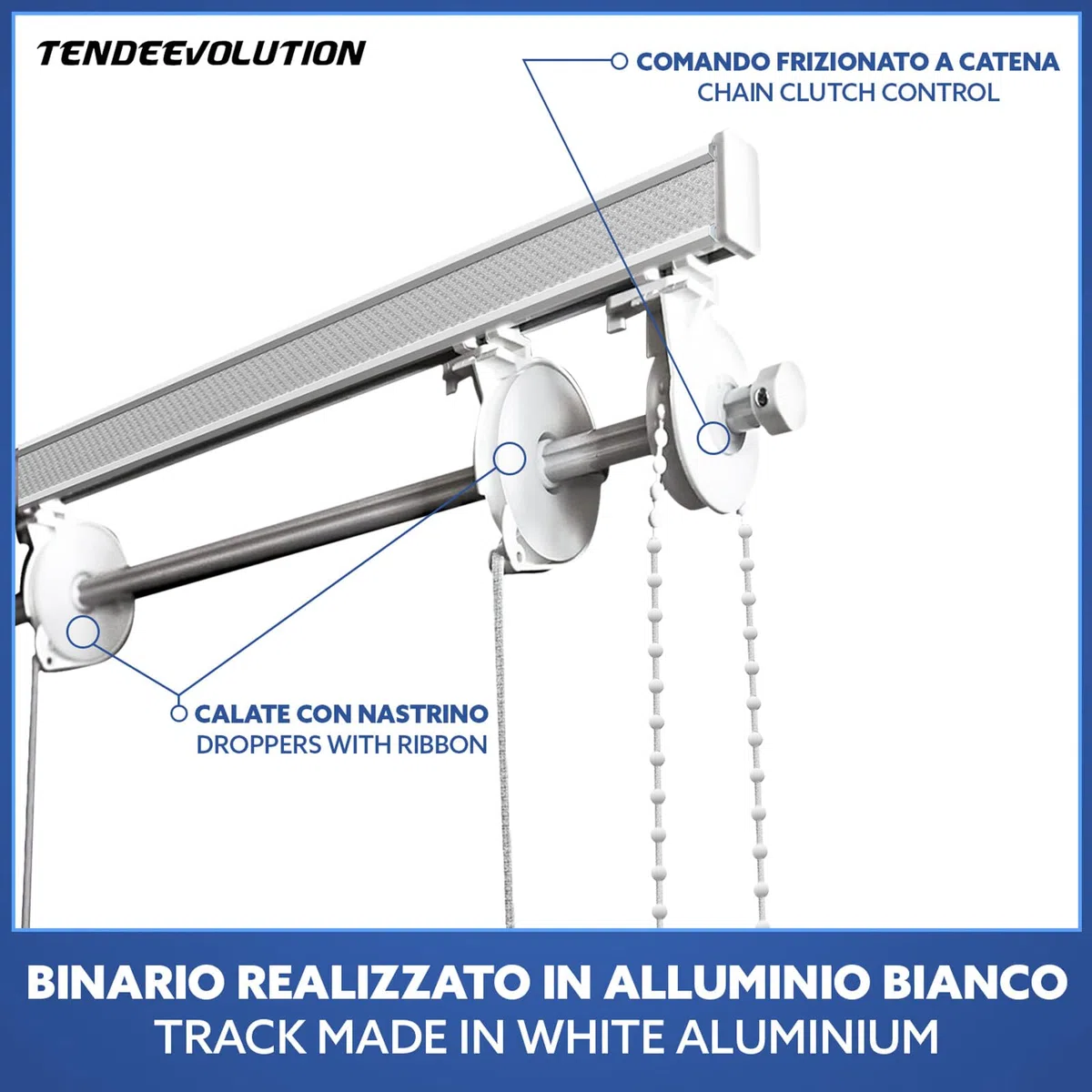 TENDEEVOLUTION Bastone Tenda a Pacchetto per Interni in Alluminio con 4 Calate e sgancio rapido. Bastone Tenda Soffitto o Parete, Steccate o in Tessuto (160 CM Catenella a Destra)