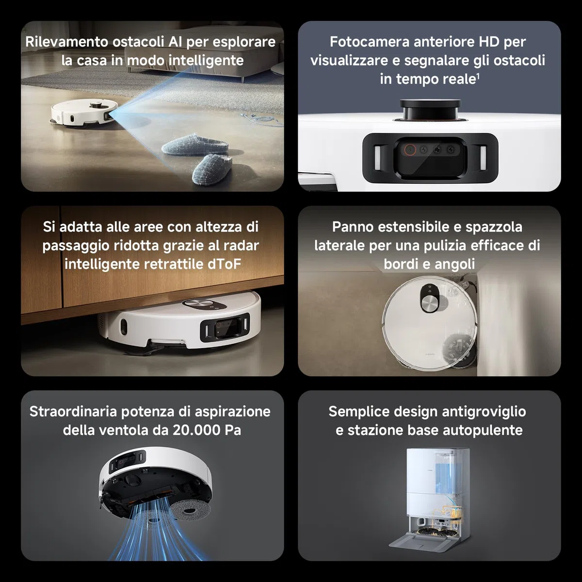 XIAOMI Robot Vacuum 5 Pro, Aspirazione potente da 20000Pa, evitamento ostacoli con AI, riconoscimento intelligente dello sporco, navigazione laser intelligente dToF con sollevamento automatico