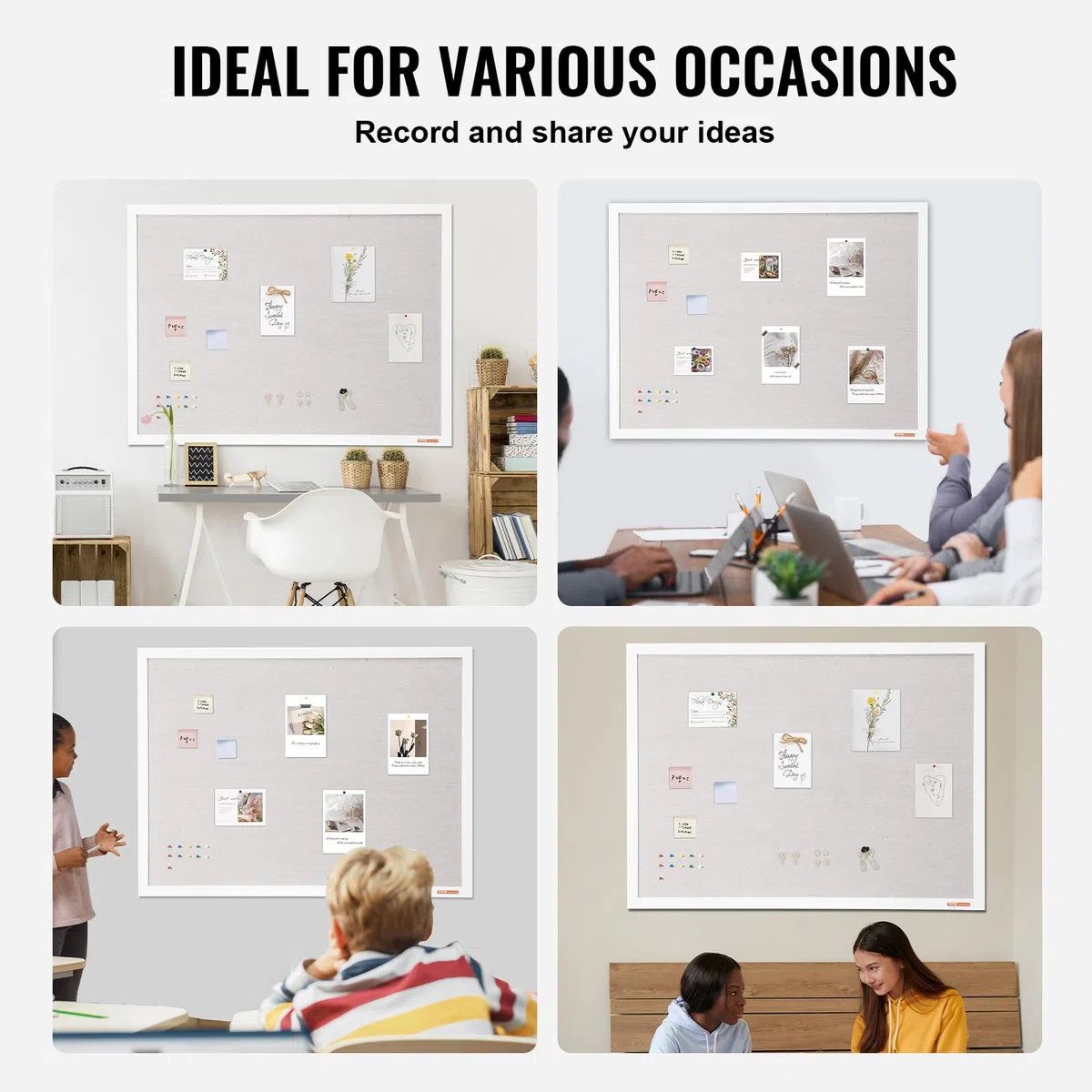 VEVOR Bacheca in sughero bianco 120 x 90 cm con finitura in lino, Bacheca montata a parete per casa, scuola, ufficio, biblioteca, Bacheca da muro per decorazione insegnamento superficie in lino