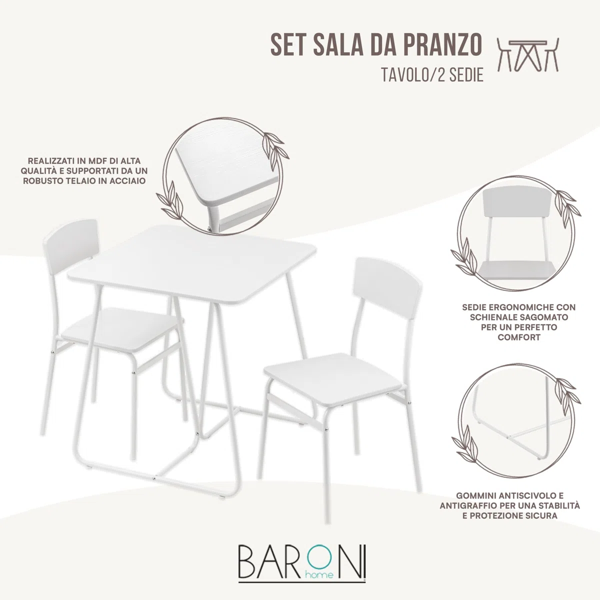 Baroni Home Set Tavolo Quadrato da Pranzo con 2 Sedie, Design Moderno, Leggero, per Interni ed Esterni, Sala da Pranzo, Ristorante, In MDF e Acciaio, Montaggio Facile, Bianco