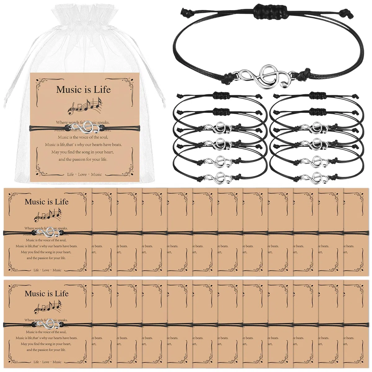 Set di 24 braccialetti musicali sfusi con note musicali con biglietti ispiratori, regali per amanti della musica, accessori per musicisti, regalo di apprezzamento per il coro, bomboniere musicali per