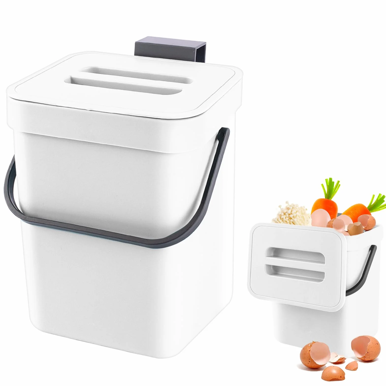 Secchio da Compost da Cucina Piccolo, Bidone della Spazzatura da Appendere, Biometro, Pattumiera per Piano di Lavoro, Contenitore con Coperchio, Compostiera, per Interni, 3 L, Bianco