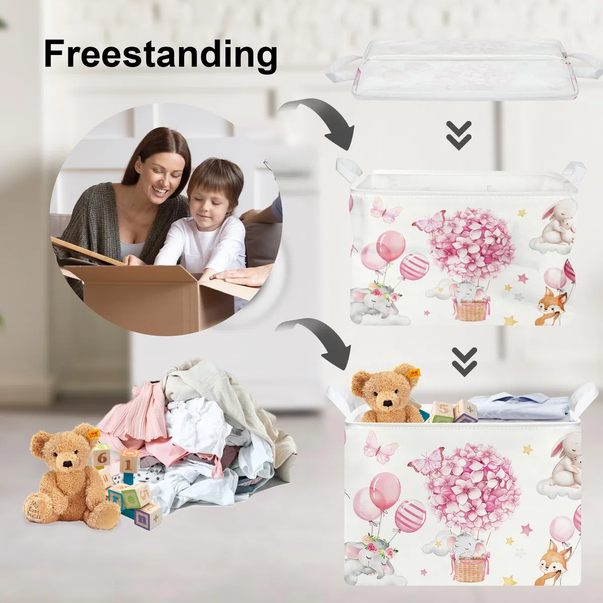 Clastyle Cestino Portaoggetti Fiore Rosa Mongolfiera Elefante Che Dorme Ceste per la Biancheria Giocattoli Rettangolare per Camera dei Bambini, 40x30x30 cm